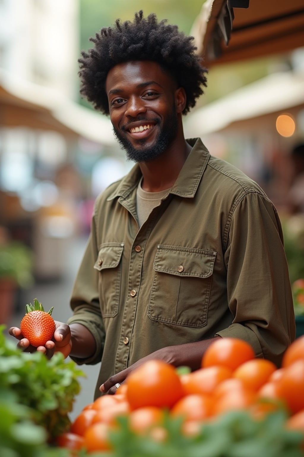 bright-spirited masculine  man exploring a local farmers' market in daylight
