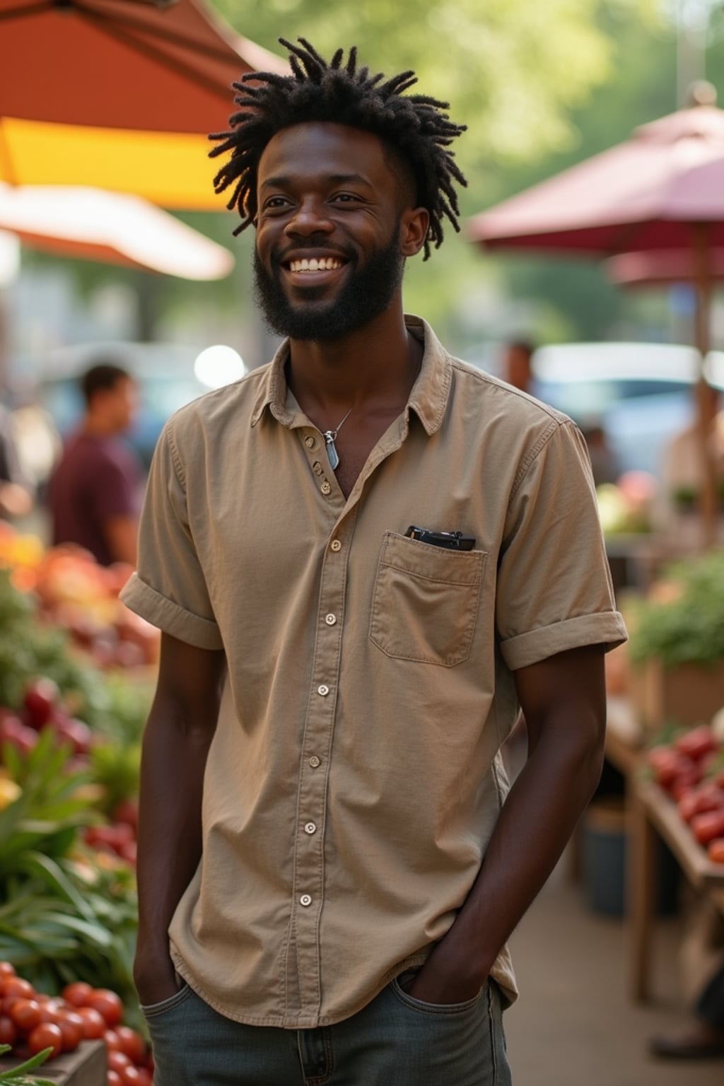 bright-spirited masculine  man exploring a local farmers' market in daylight