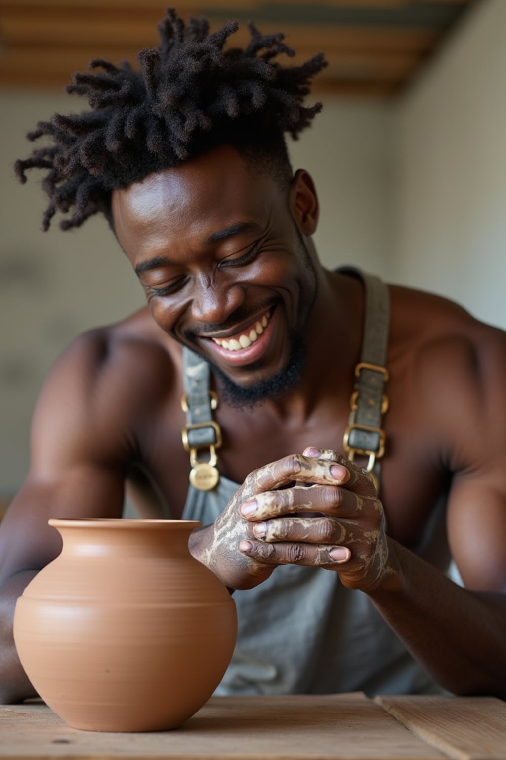 fun-loving masculine  man trying out a new hobby—like rock climbing or pottery