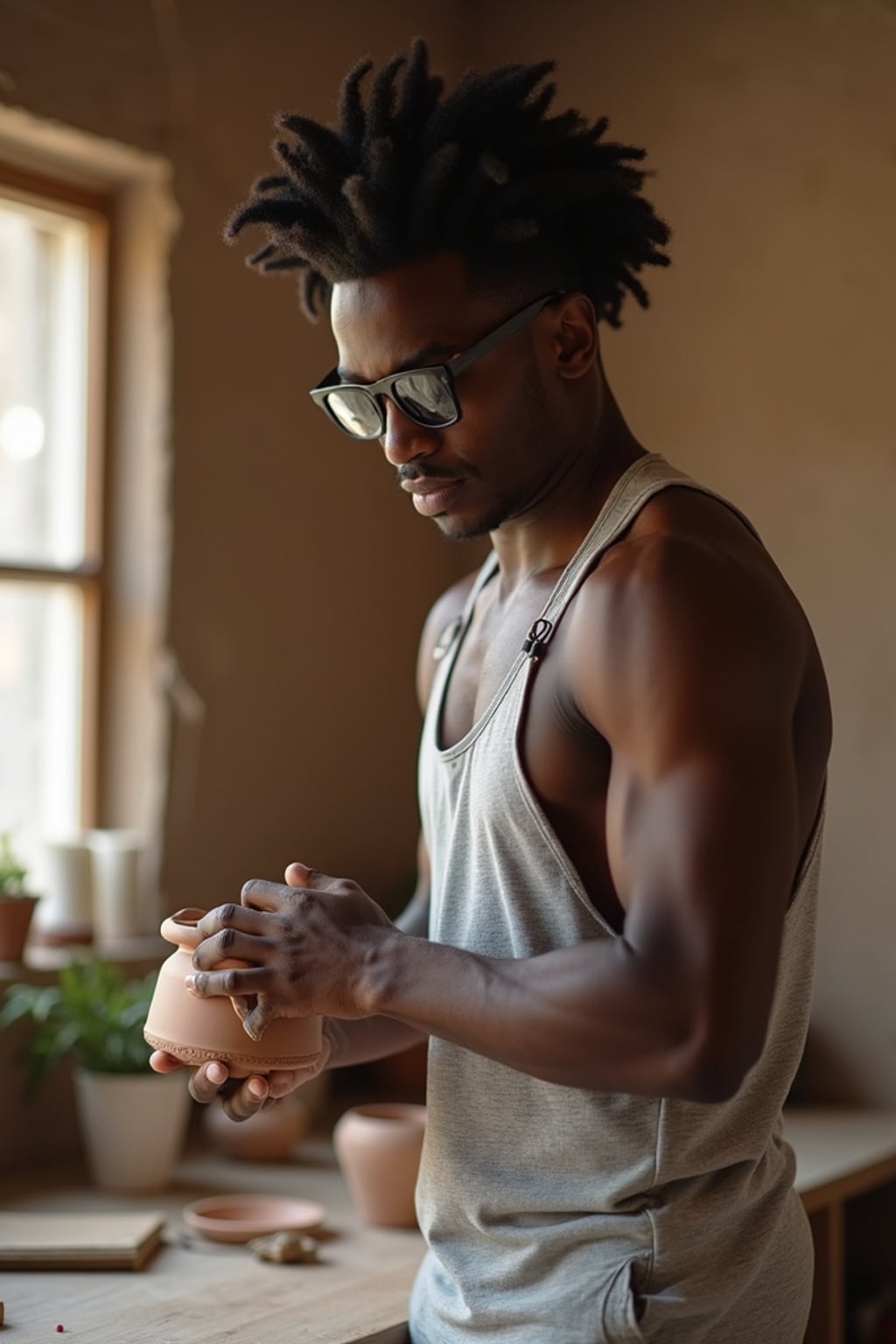 fun-loving masculine  man trying out a new hobby—like rock climbing or pottery