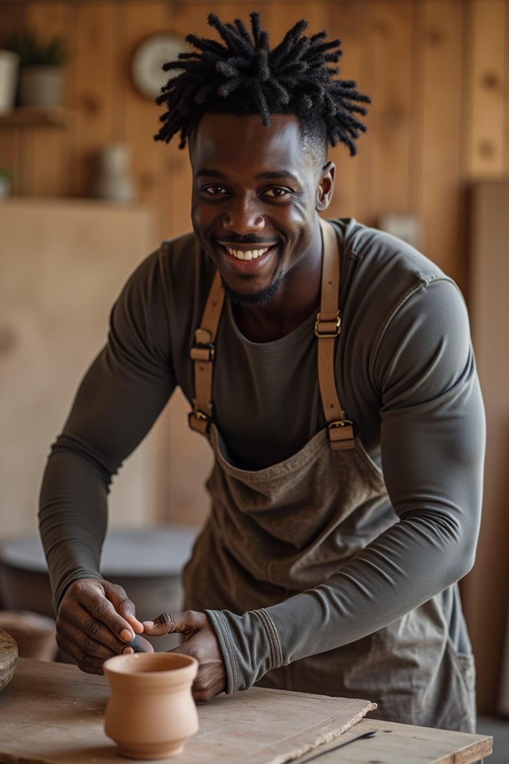 fun-loving masculine  man trying out a new hobby—like rock climbing or pottery