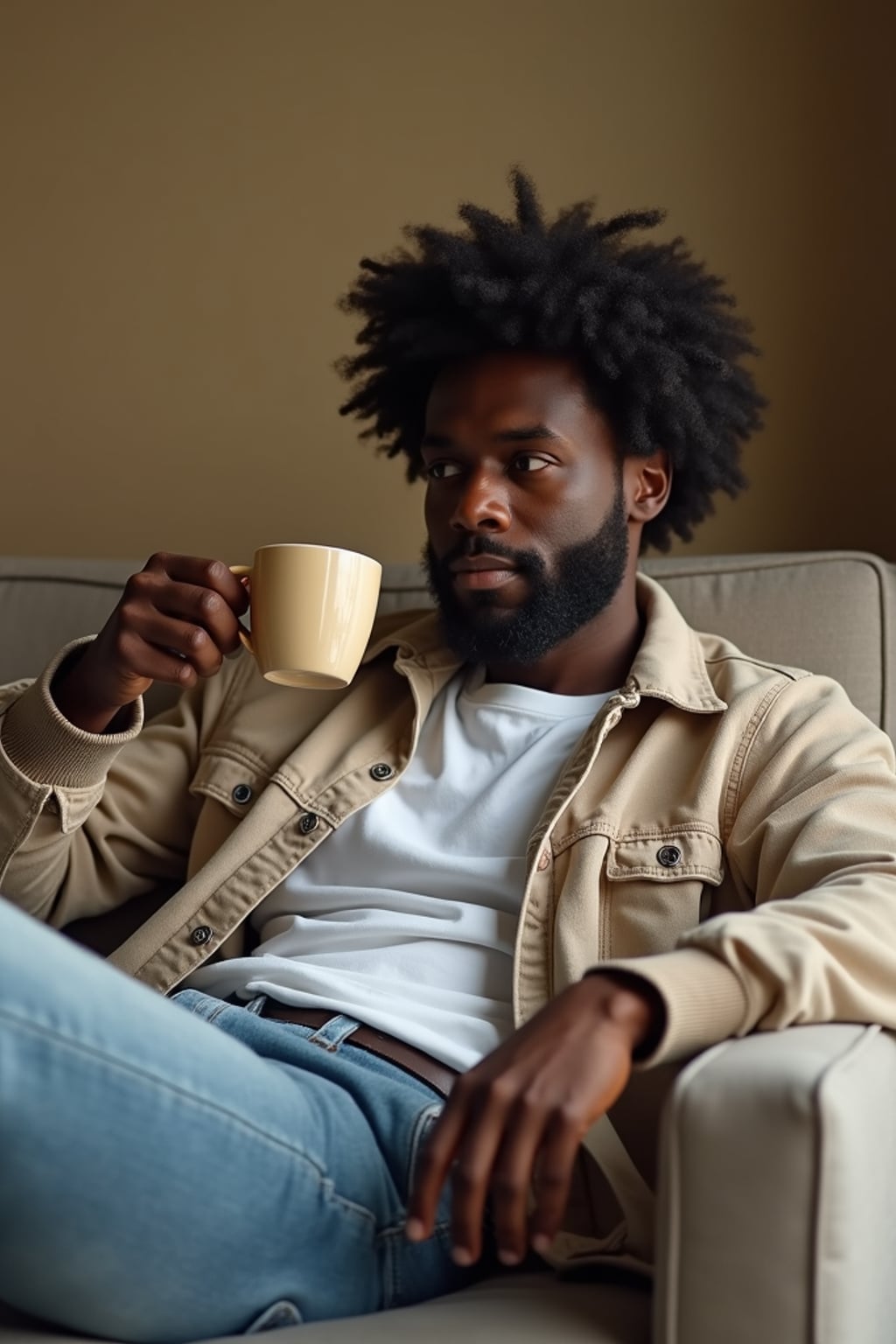 relatable masculine  man lounging in casual clothes, sipping tea on a comfy couch
