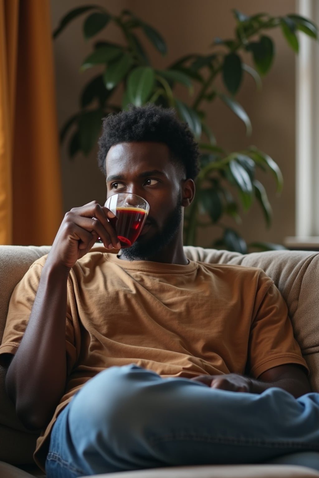 relatable masculine  man lounging in casual clothes, sipping tea on a comfy couch