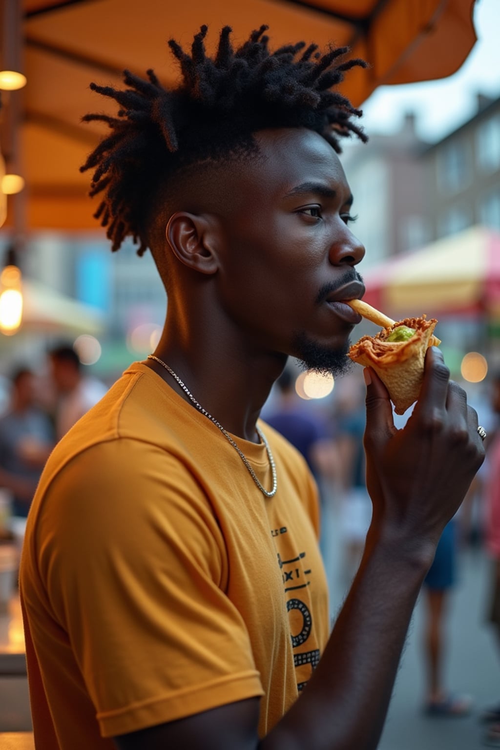 outgoing masculine  man savoring street food at a local food truck event