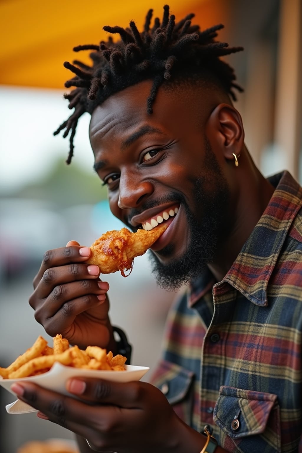 outgoing masculine  man savoring street food at a local food truck event