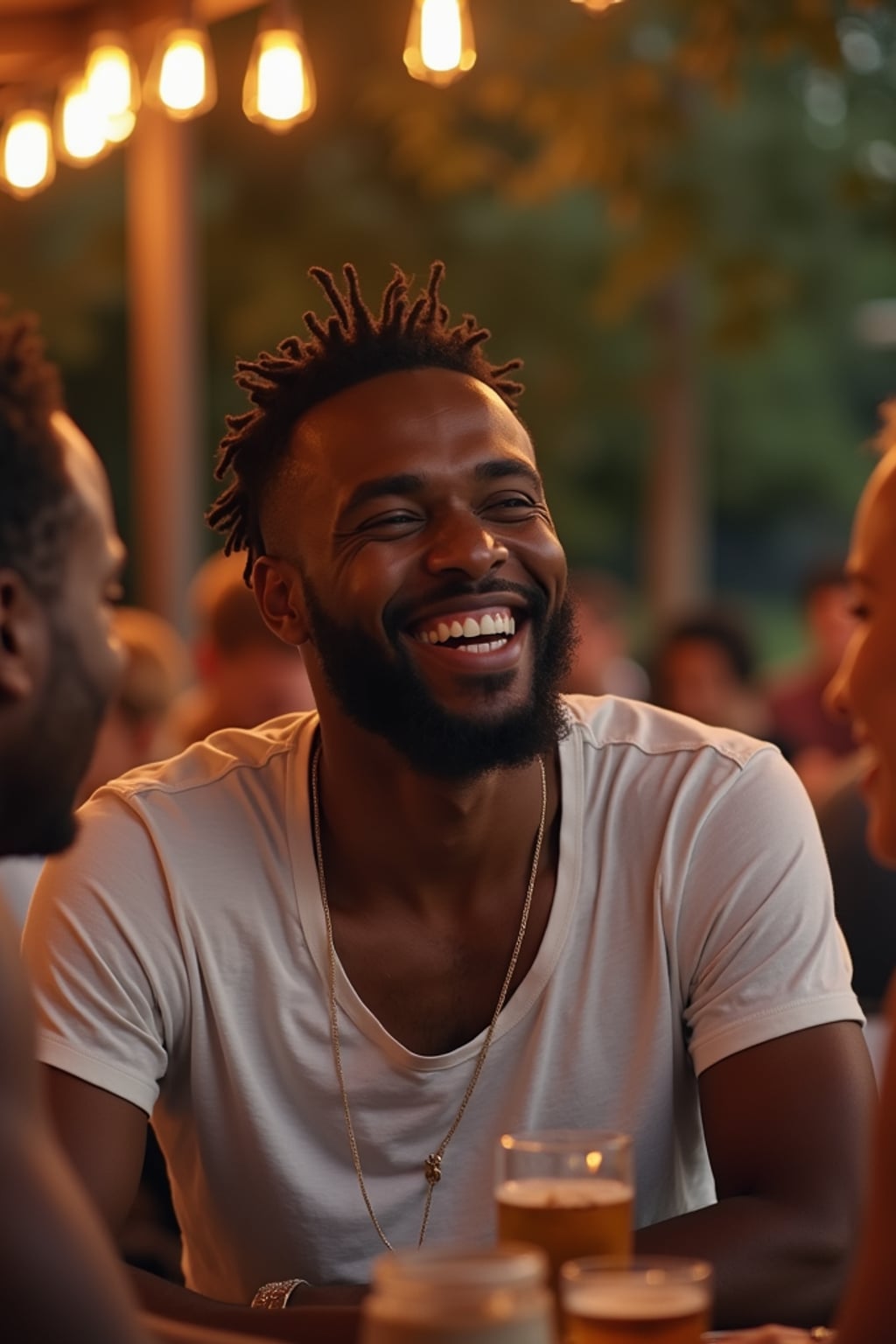relaxed masculine  man laughing with a small group of friends at a laid-back gathering