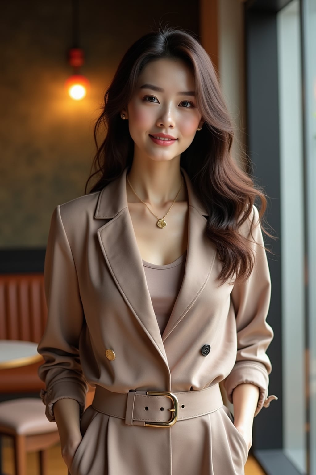 confident  feminine woman dressed in smart-casual attire, ready for a dinner date