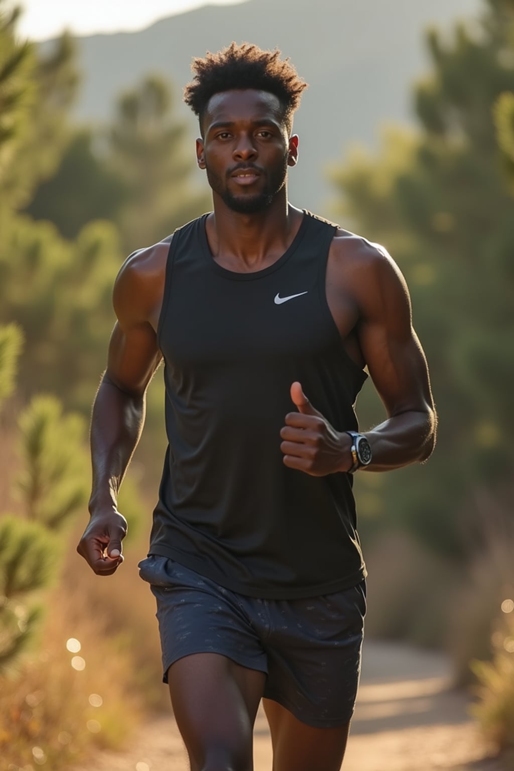 fit masculine  man in athletic gear on a scenic running trail