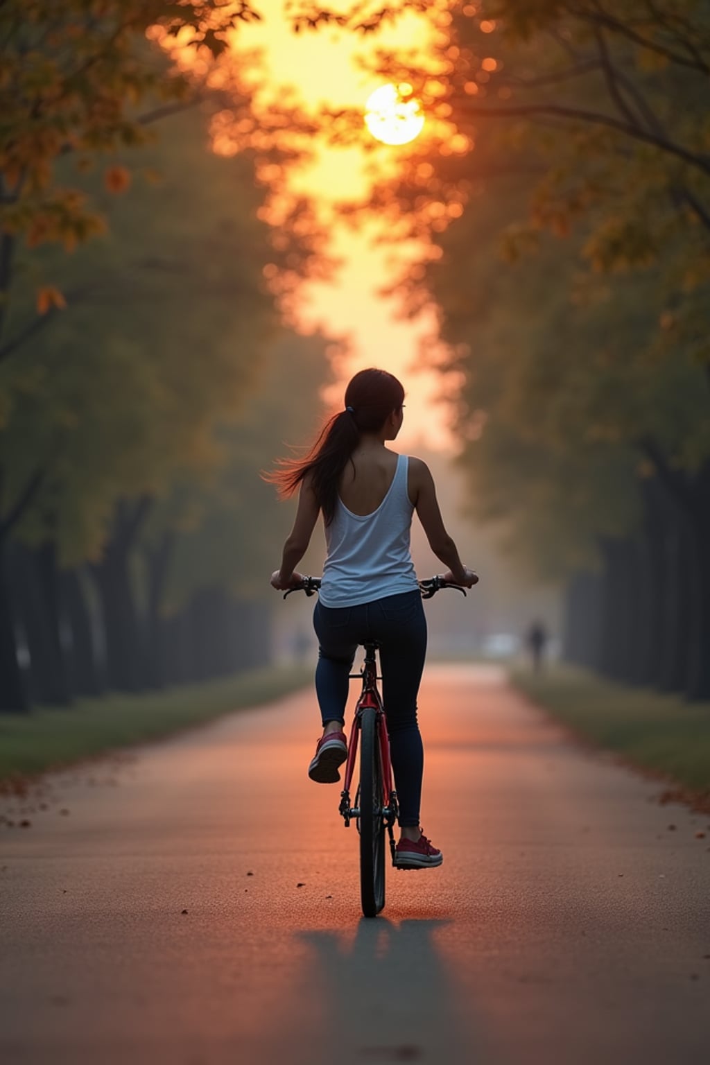 engaging  feminine woman taking a bike ride on a tree-lined pathway at dusk