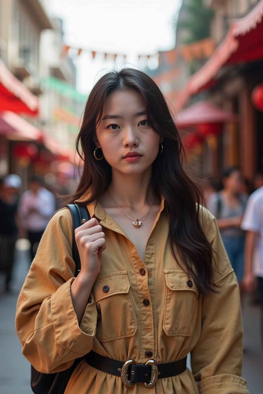 adventurous  feminine woman exploring a local street festival or art fair