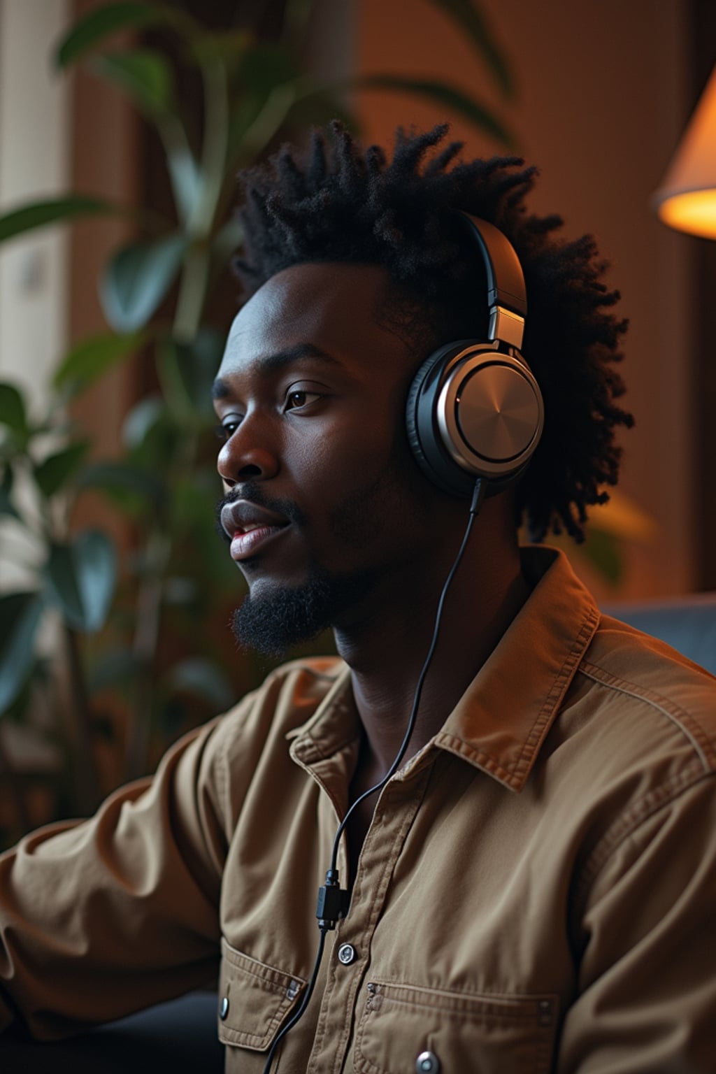 music-enthusiast masculine  man relaxing with headphones, exploring new tunes