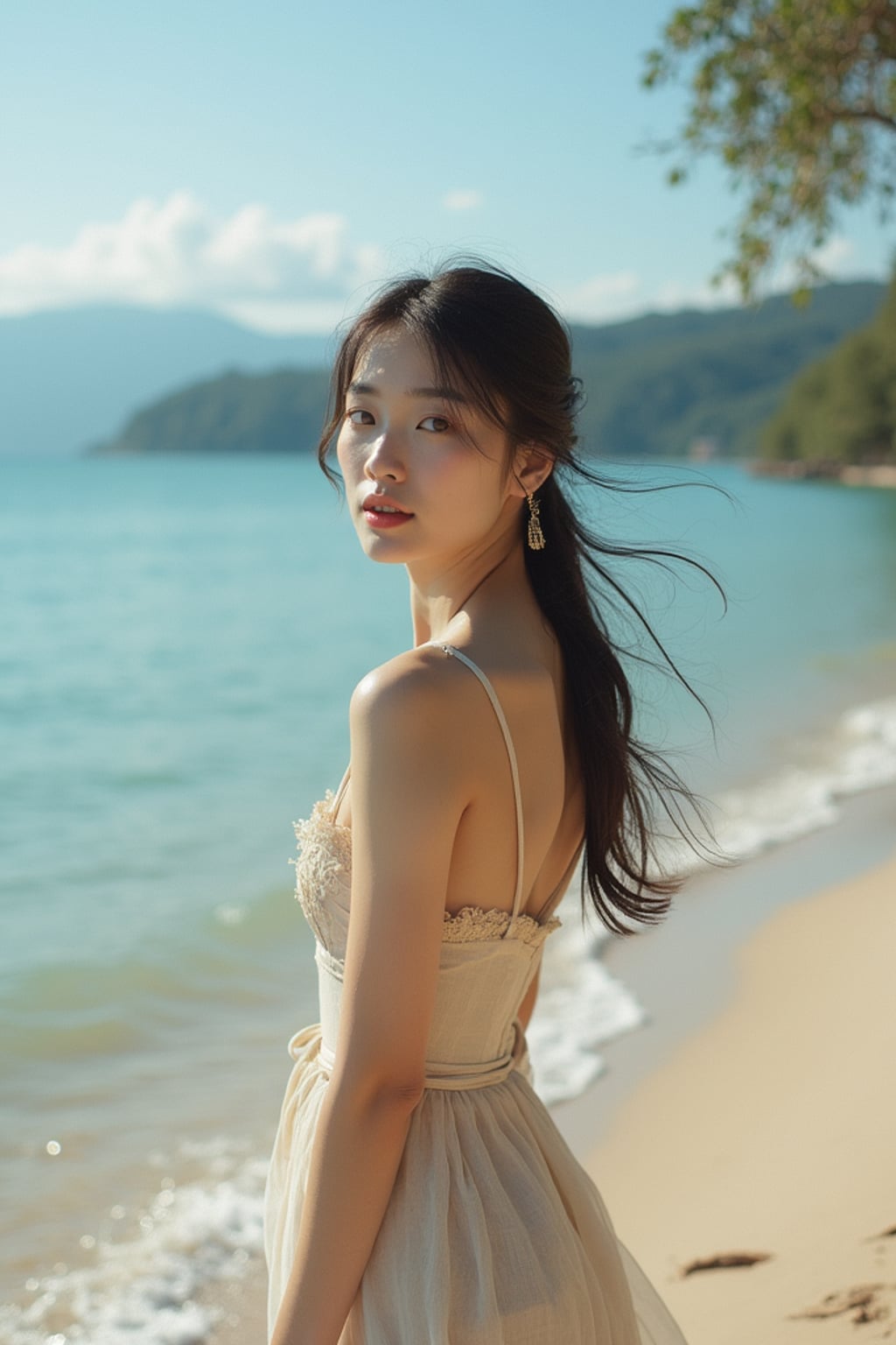 nature-loving  feminine woman posing near a peaceful lake or calm beach shore