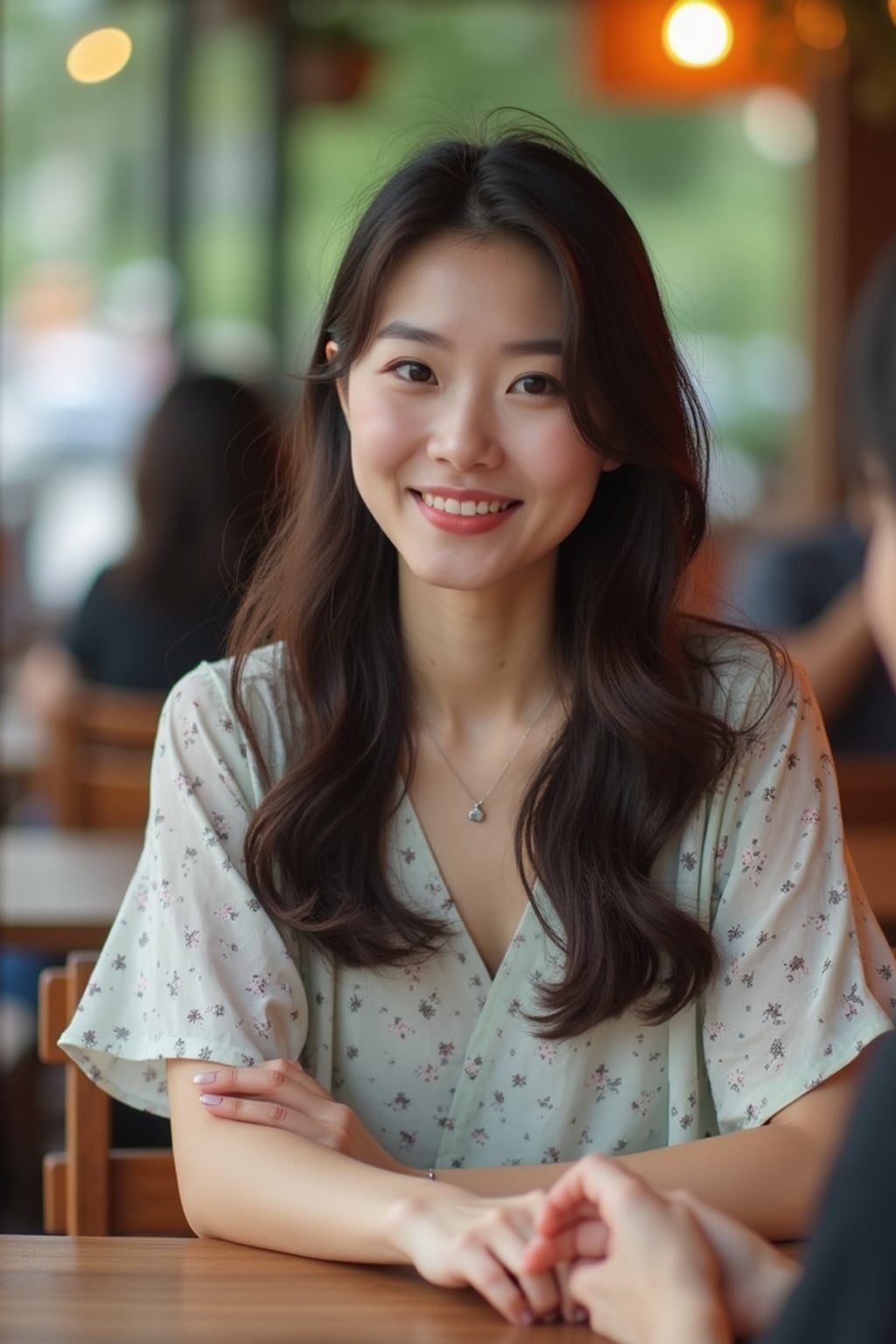 laid-back  feminine woman chatting with a friend at a casual outdoor table