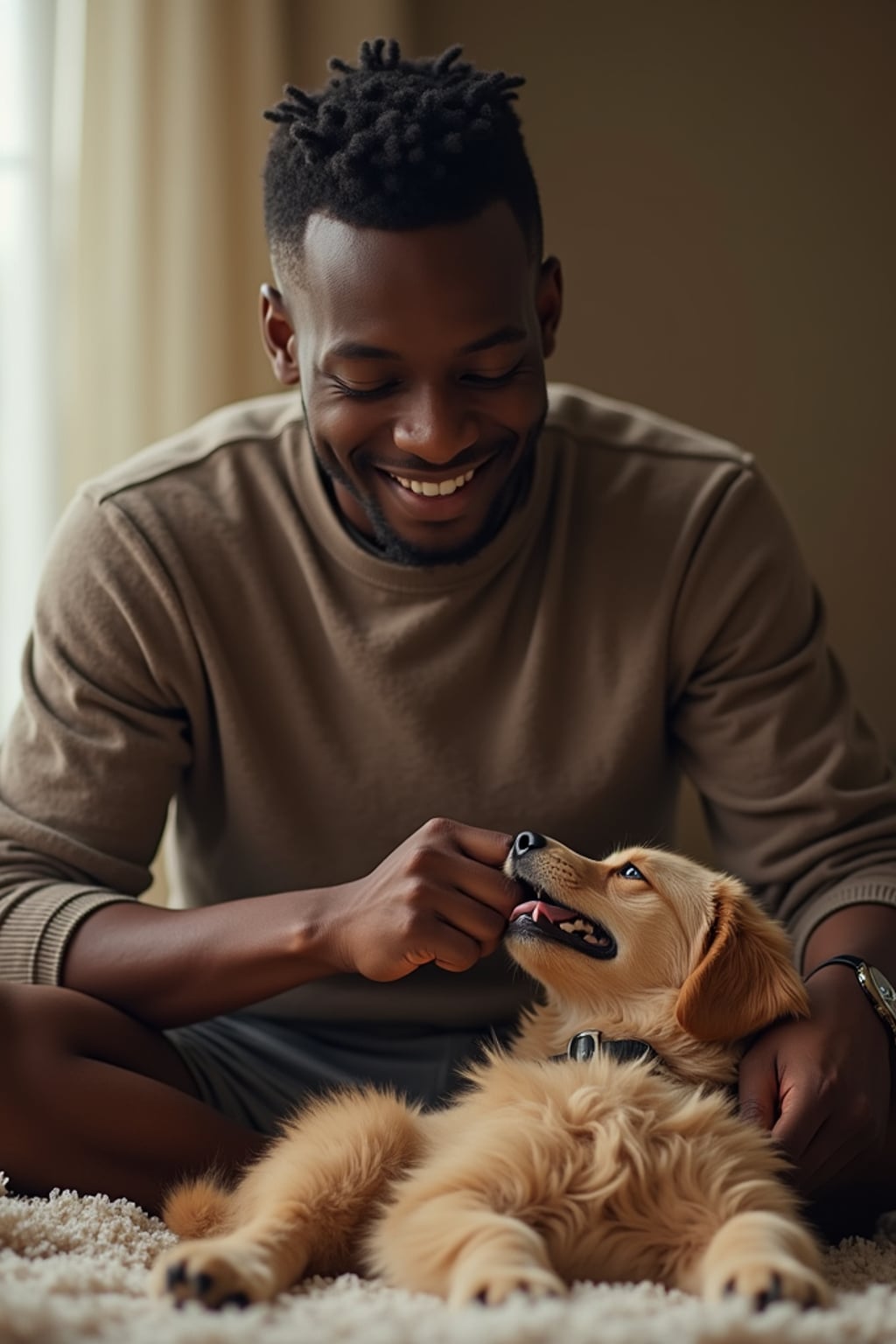 pet-loving masculine  man happily playing with a dog or cat