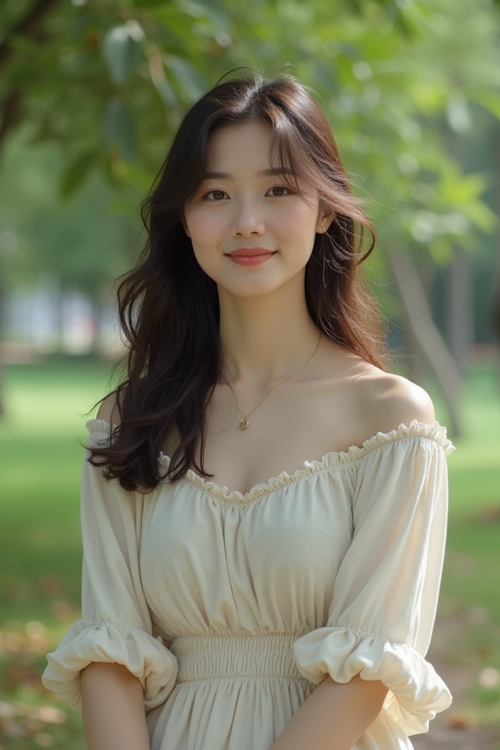 down-to-earth  feminine woman hanging out in a quiet park, enjoying nature
