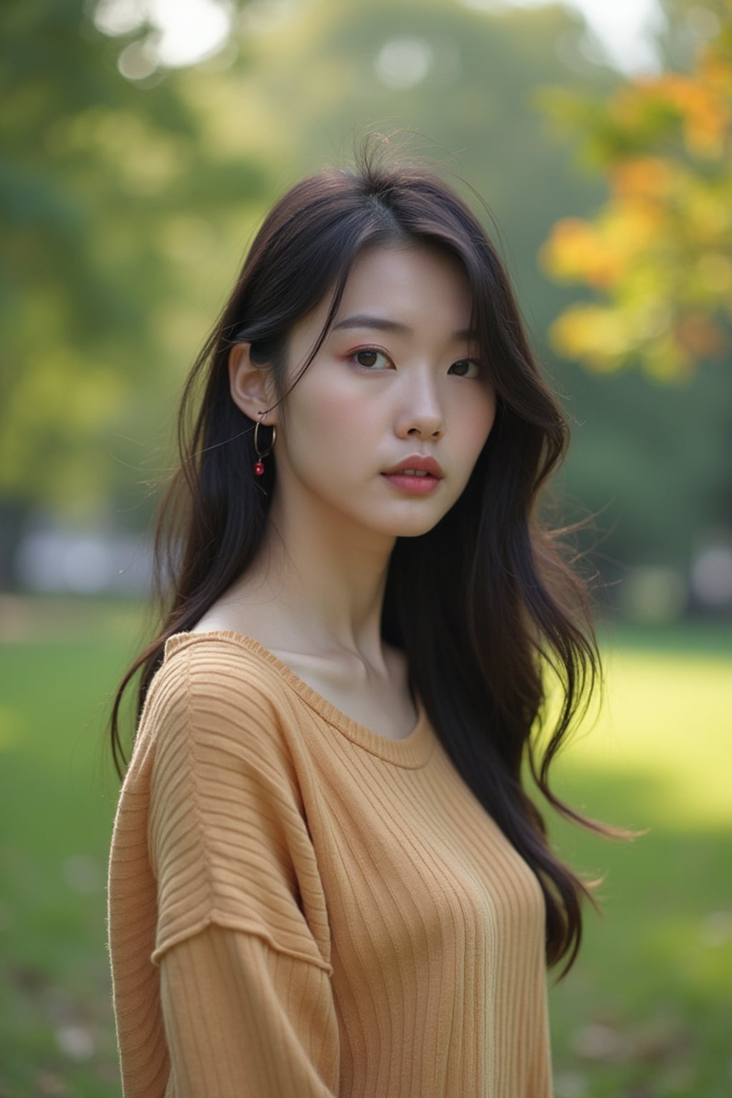 down-to-earth  feminine woman hanging out in a quiet park, enjoying nature