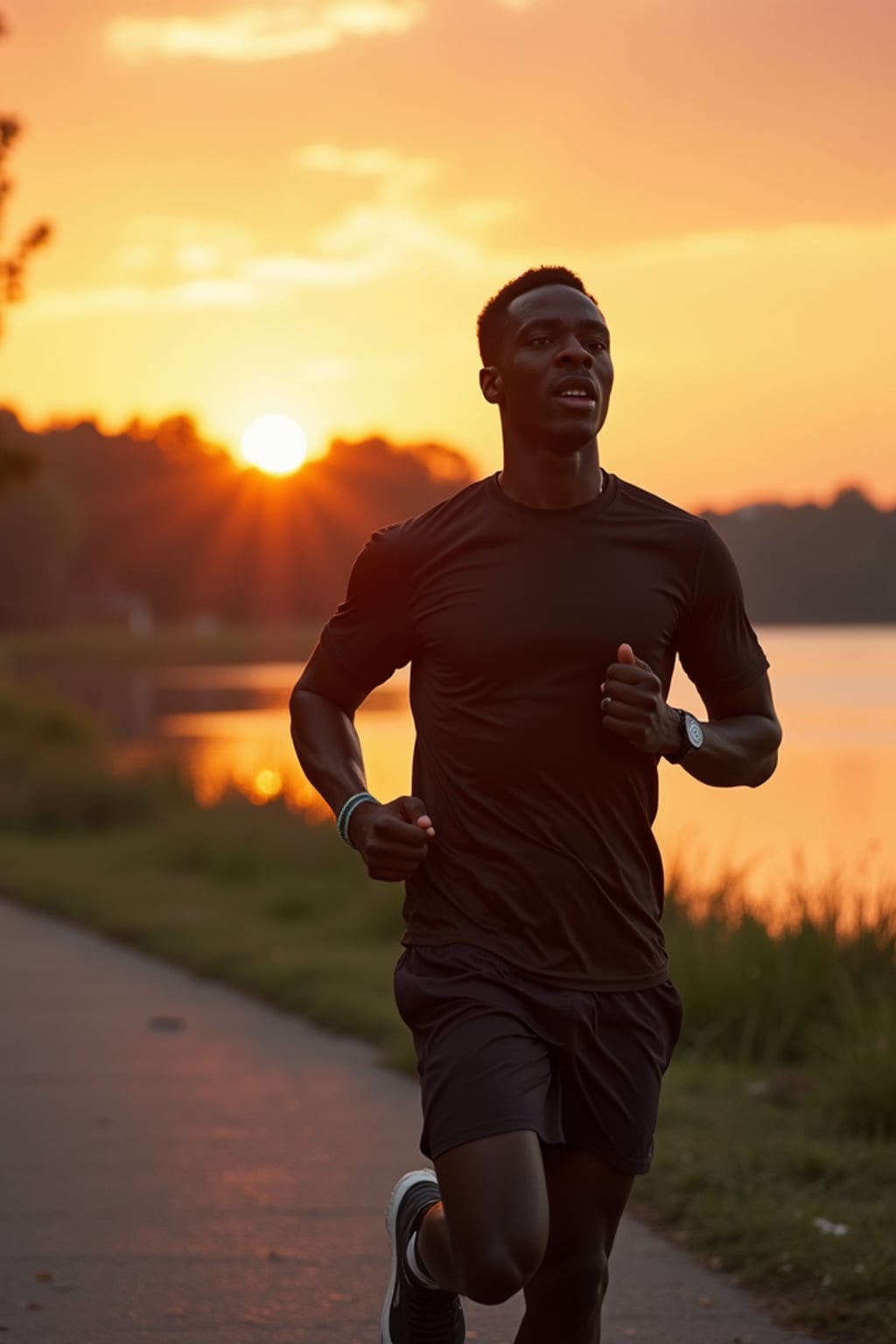 upbeat masculine  man jogging along a riverside path at sunrise