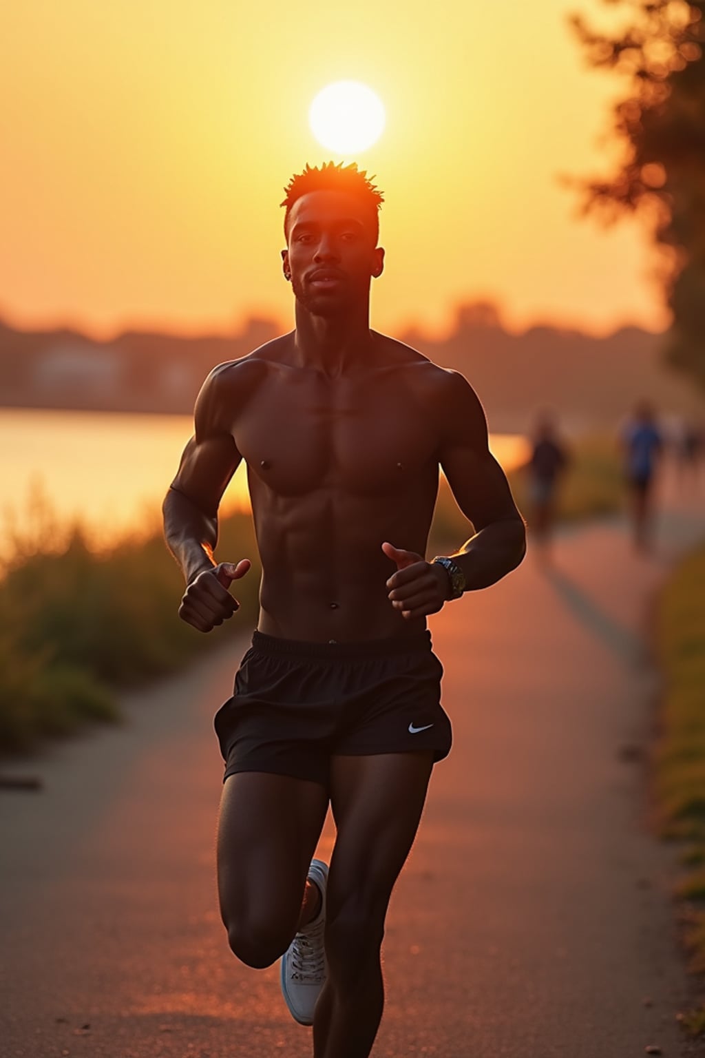 upbeat masculine  man jogging along a riverside path at sunrise