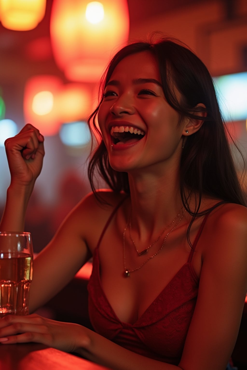 lively  feminine woman cheering on a sports game at a cozy bar