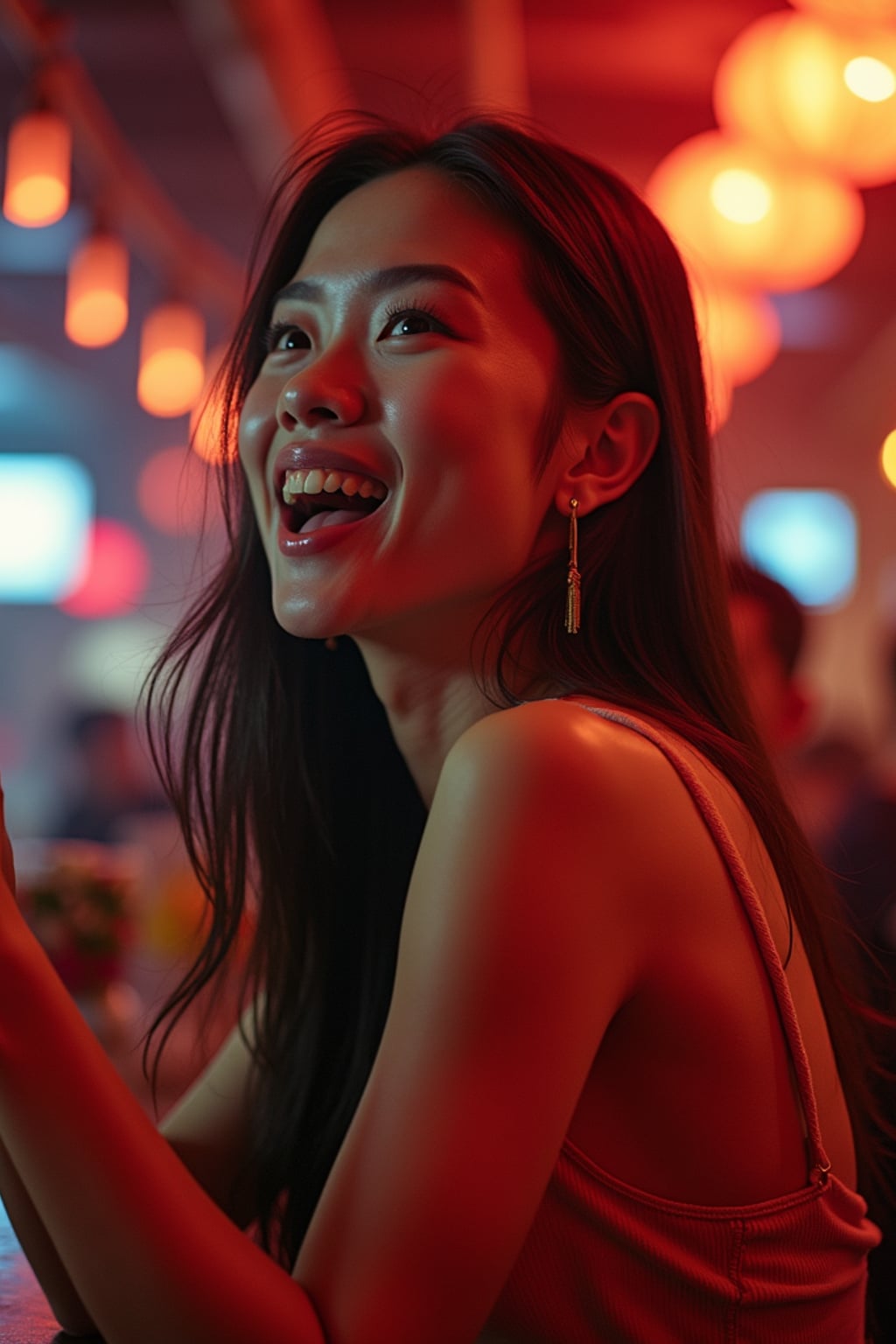 lively  feminine woman cheering on a sports game at a cozy bar