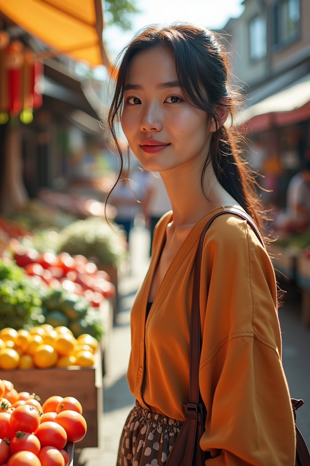 bright-spirited  feminine woman exploring a local farmers' market in daylight