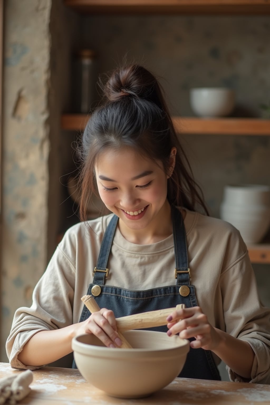 fun-loving  feminine woman trying out a new hobby—like rock climbing or pottery