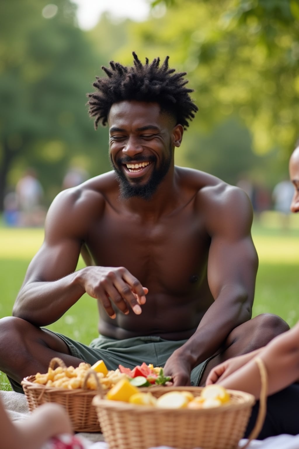 playful masculine  man having a picnic in a sunny park with friends