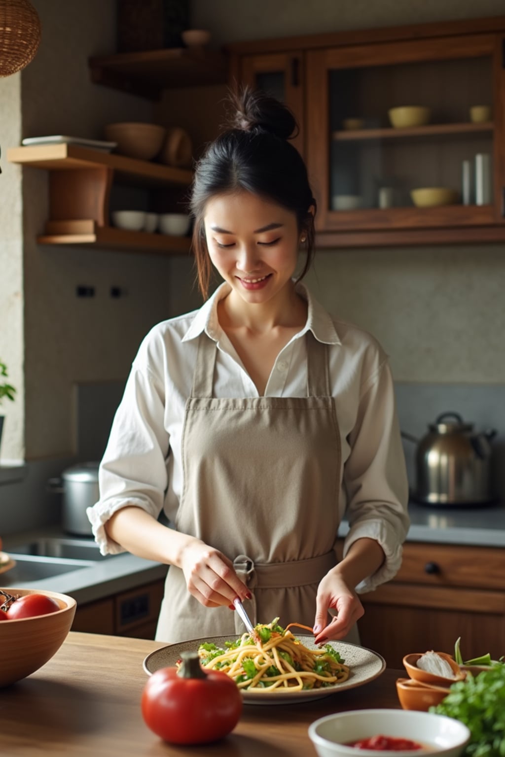 easygoing  feminine woman cooking a simple meal in a cozy kitchen setting