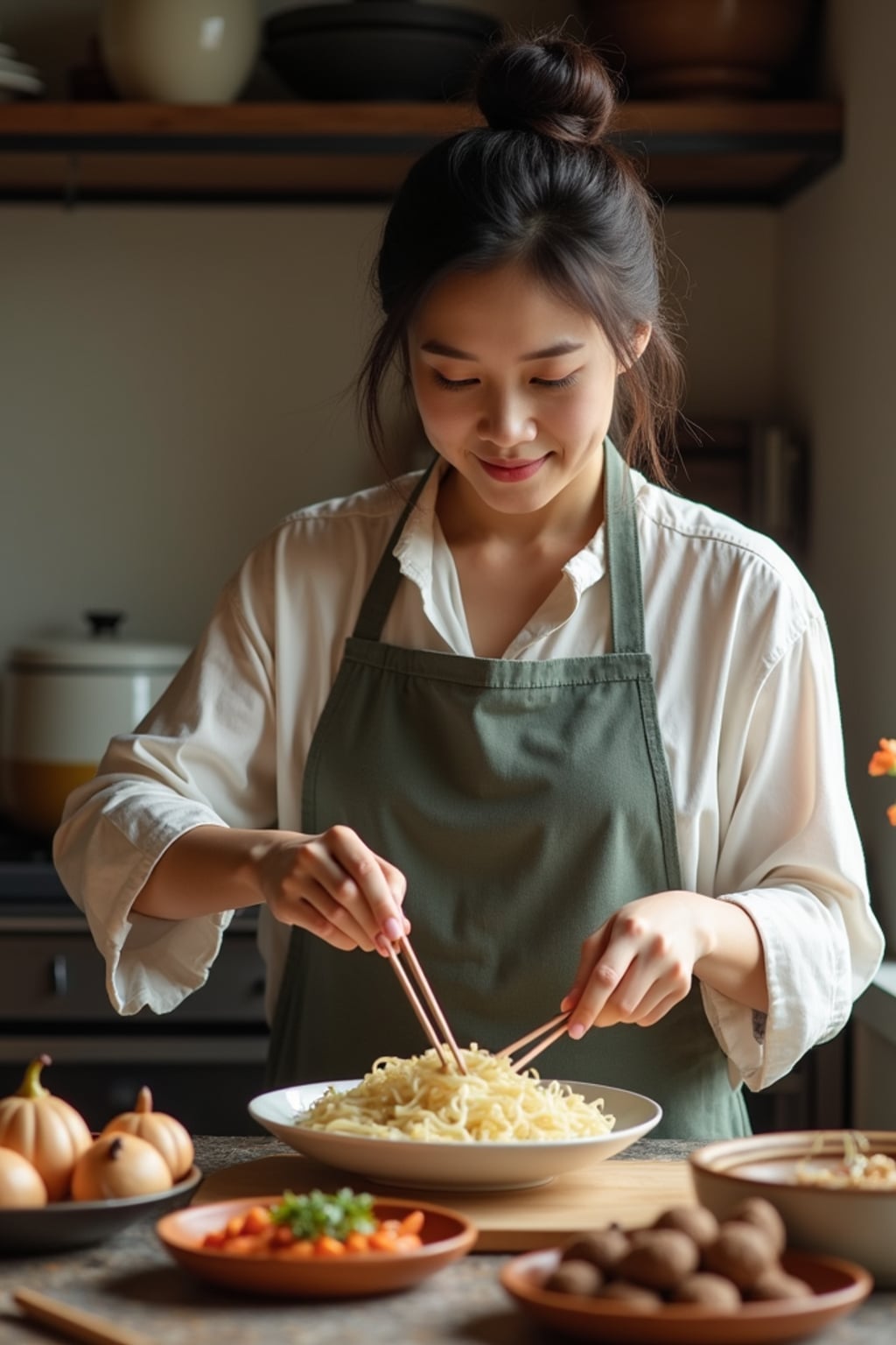 easygoing  feminine woman cooking a simple meal in a cozy kitchen setting