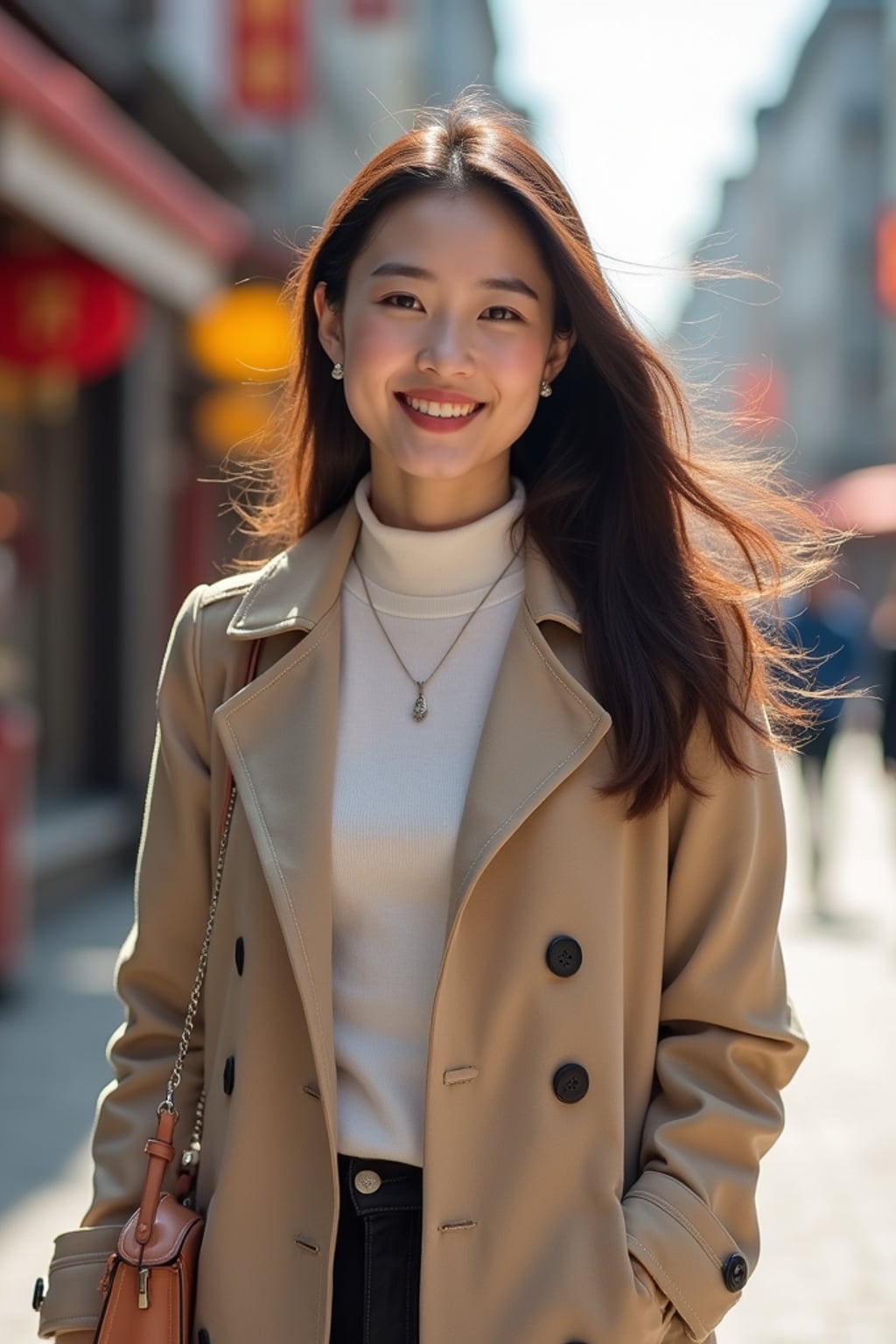 charming  feminine woman dressed for a comfortable city stroll, capturing genuine smiles