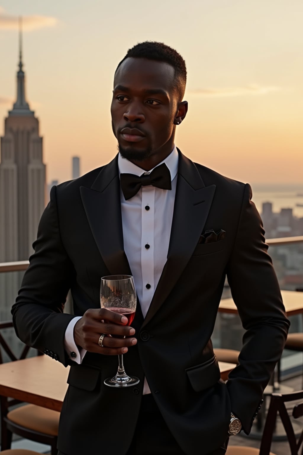 stylish masculine  man dressed up for a classy rooftop bar setting