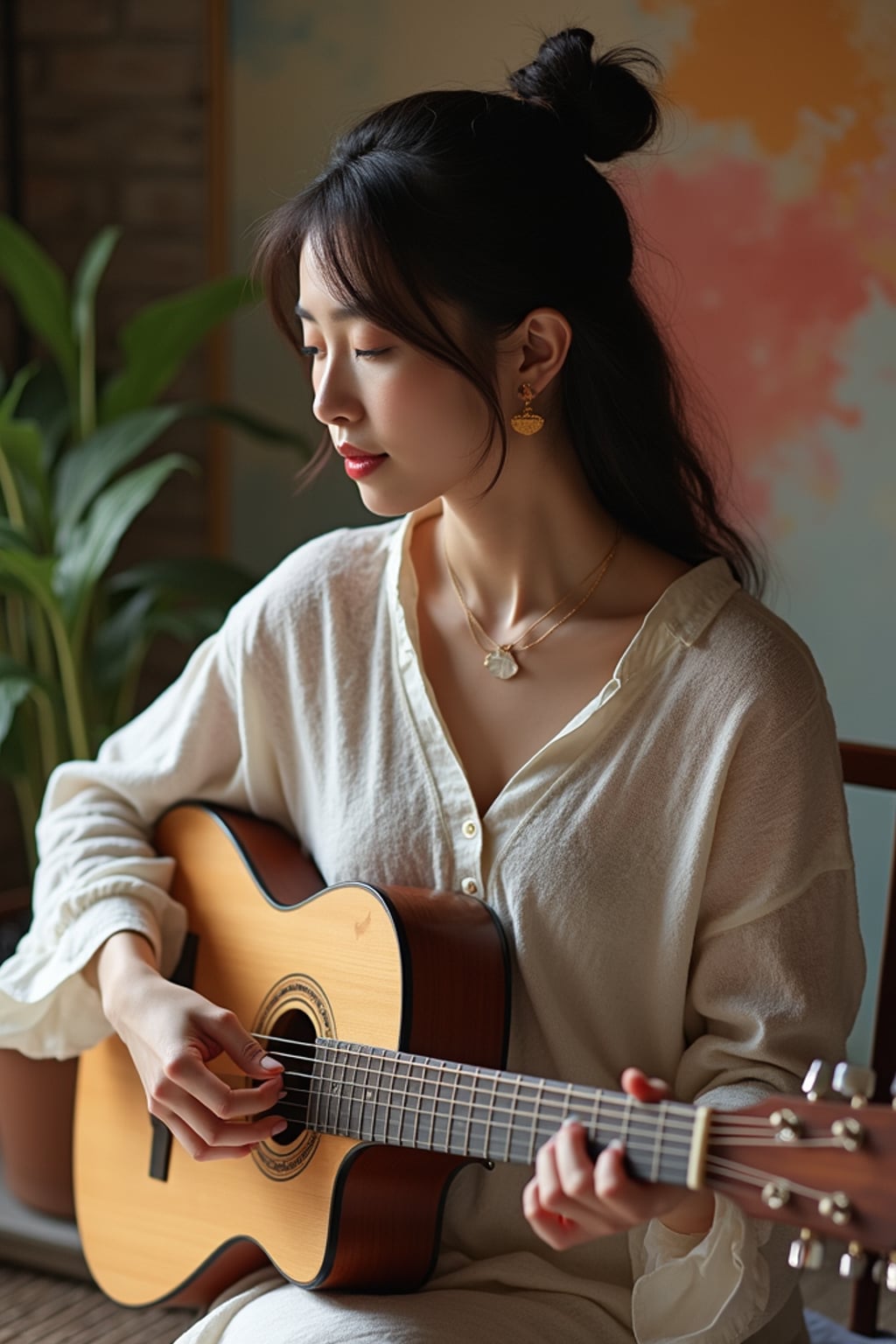 creative  feminine woman practicing a personal passion—playing guitar, painting, or crafting