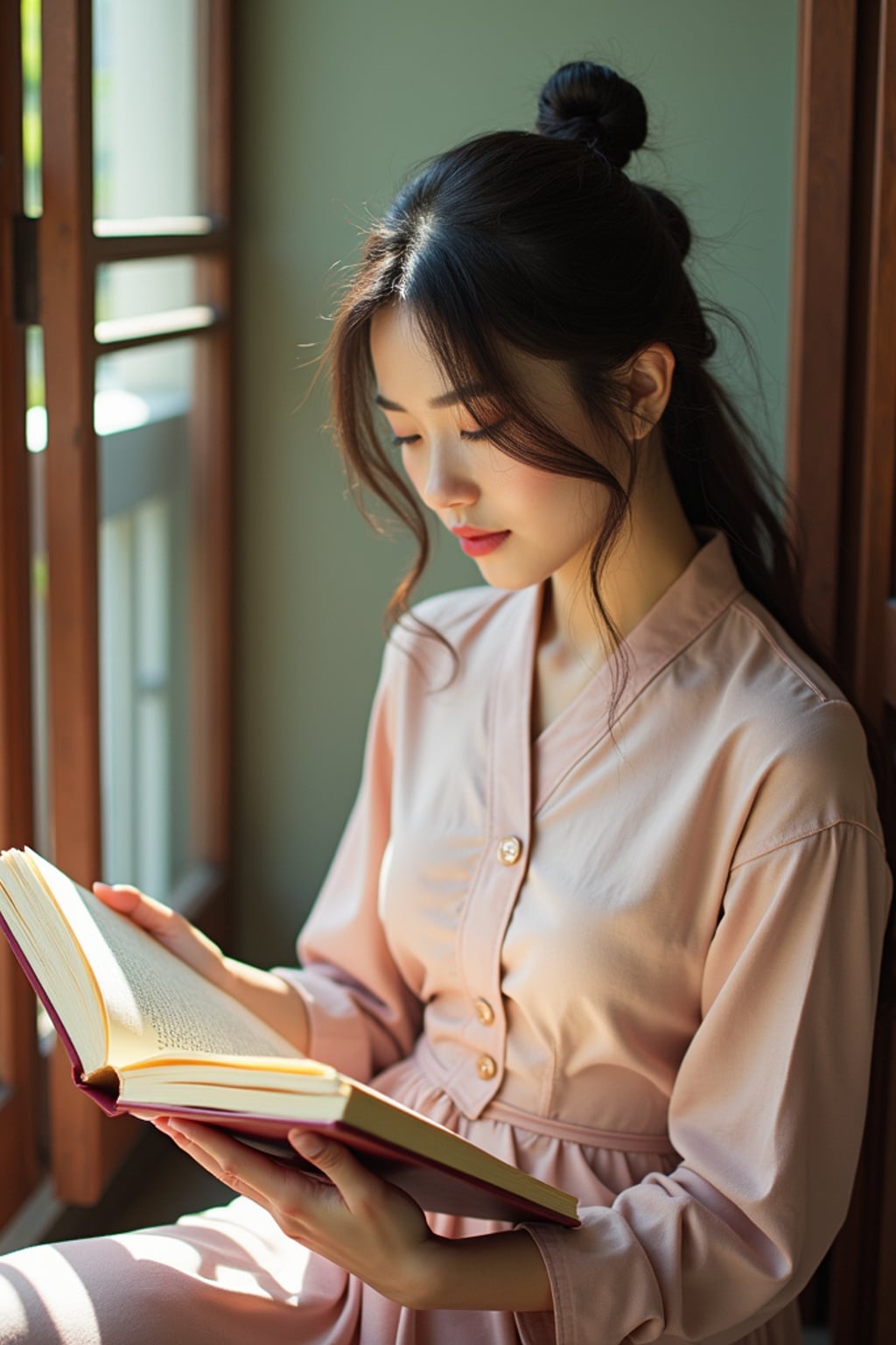 thoughtful  feminine woman reading a book on a sunny balcony or porch