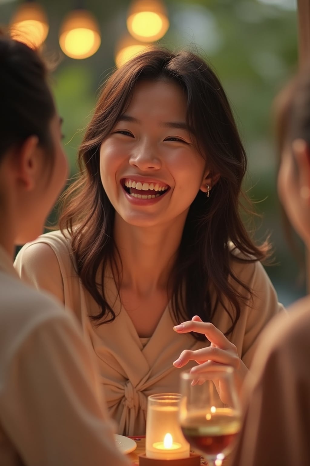 relaxed  feminine woman laughing with a small group of friends at a laid-back gathering