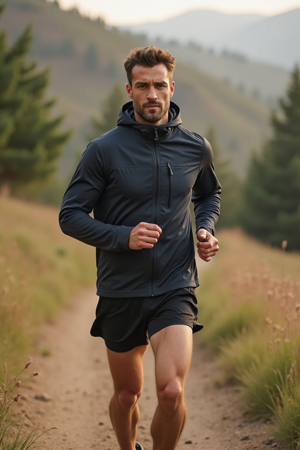 fit masculine  man in athletic gear on a scenic running trail