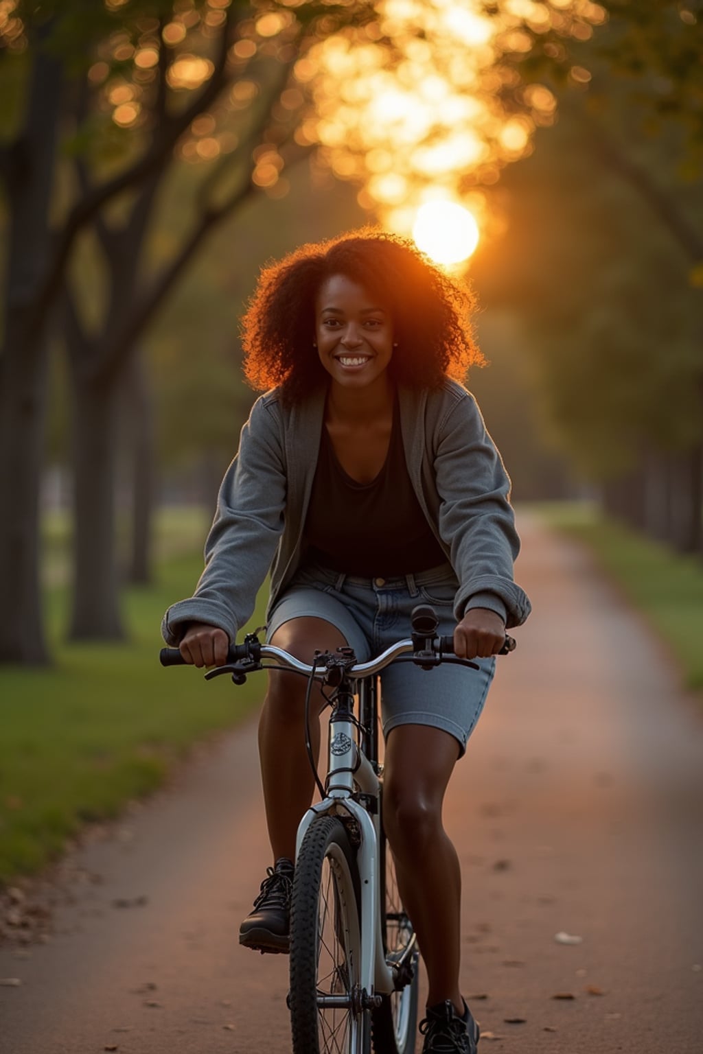 engaging  feminine woman taking a bike ride on a tree-lined pathway at dusk