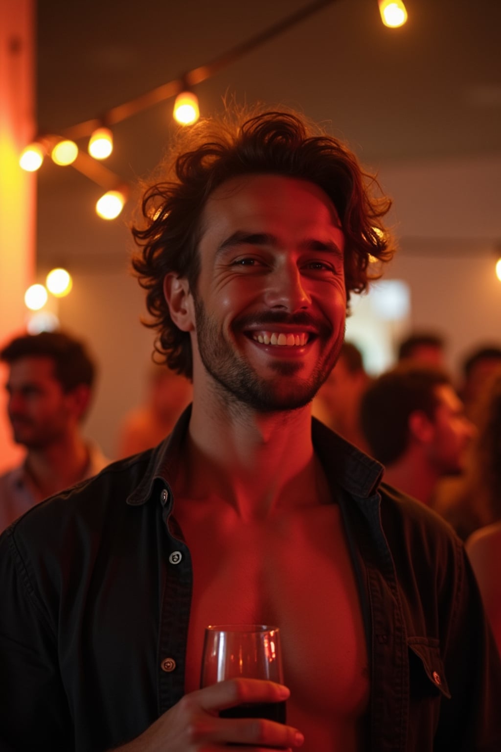 outgoing masculine  man at a lively house party, holding a drink and smiling