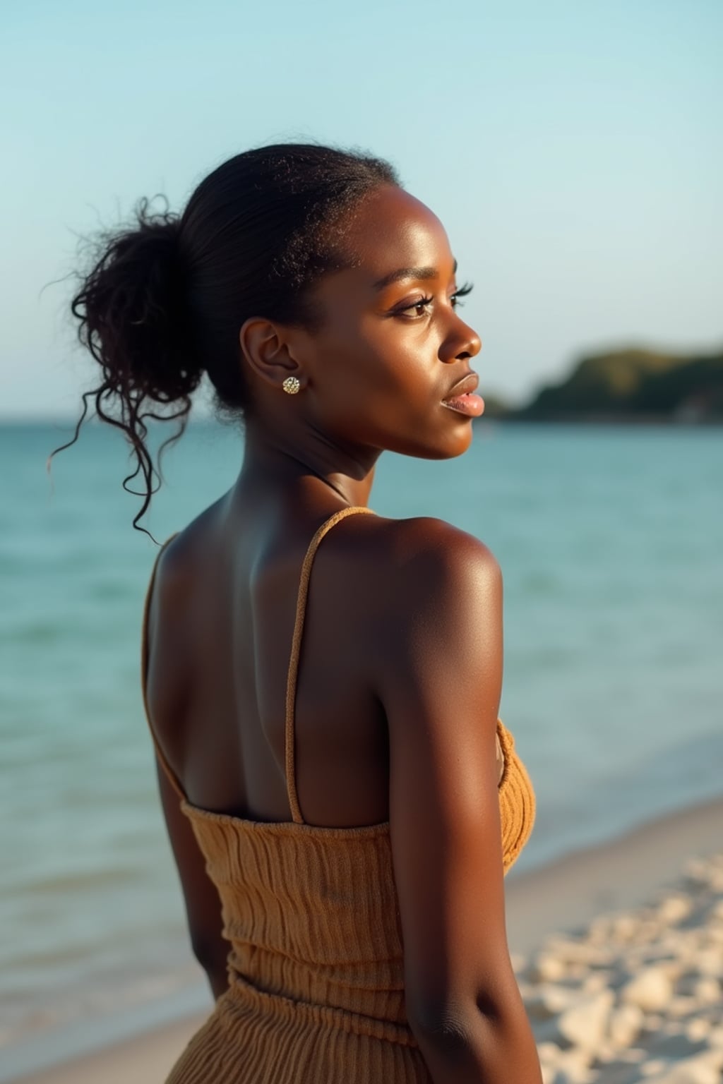 nature-loving  feminine woman posing near a peaceful lake or calm beach shore