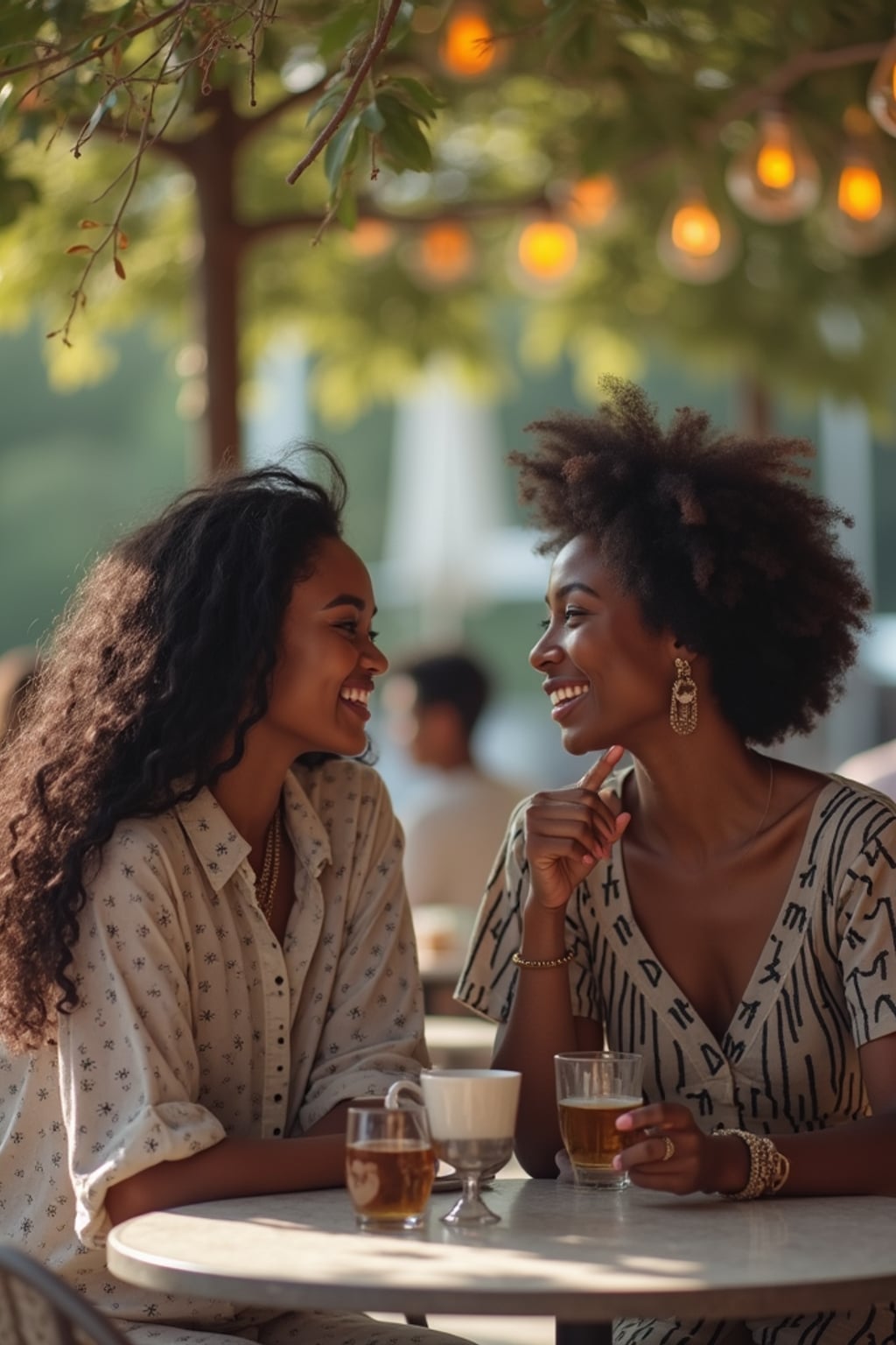 laid-back  feminine woman chatting with a friend at a casual outdoor table