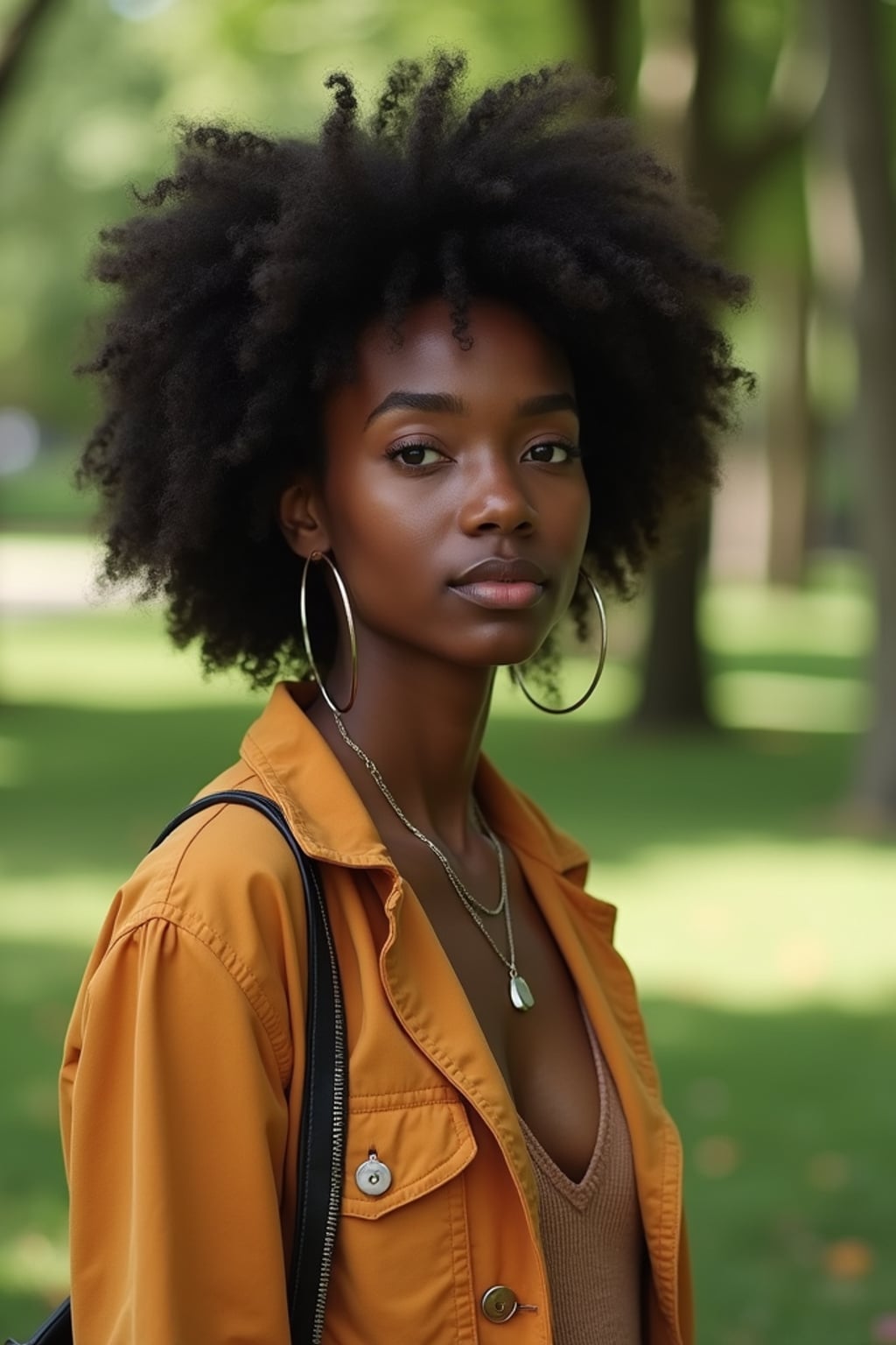 down-to-earth  feminine woman hanging out in a quiet park, enjoying nature