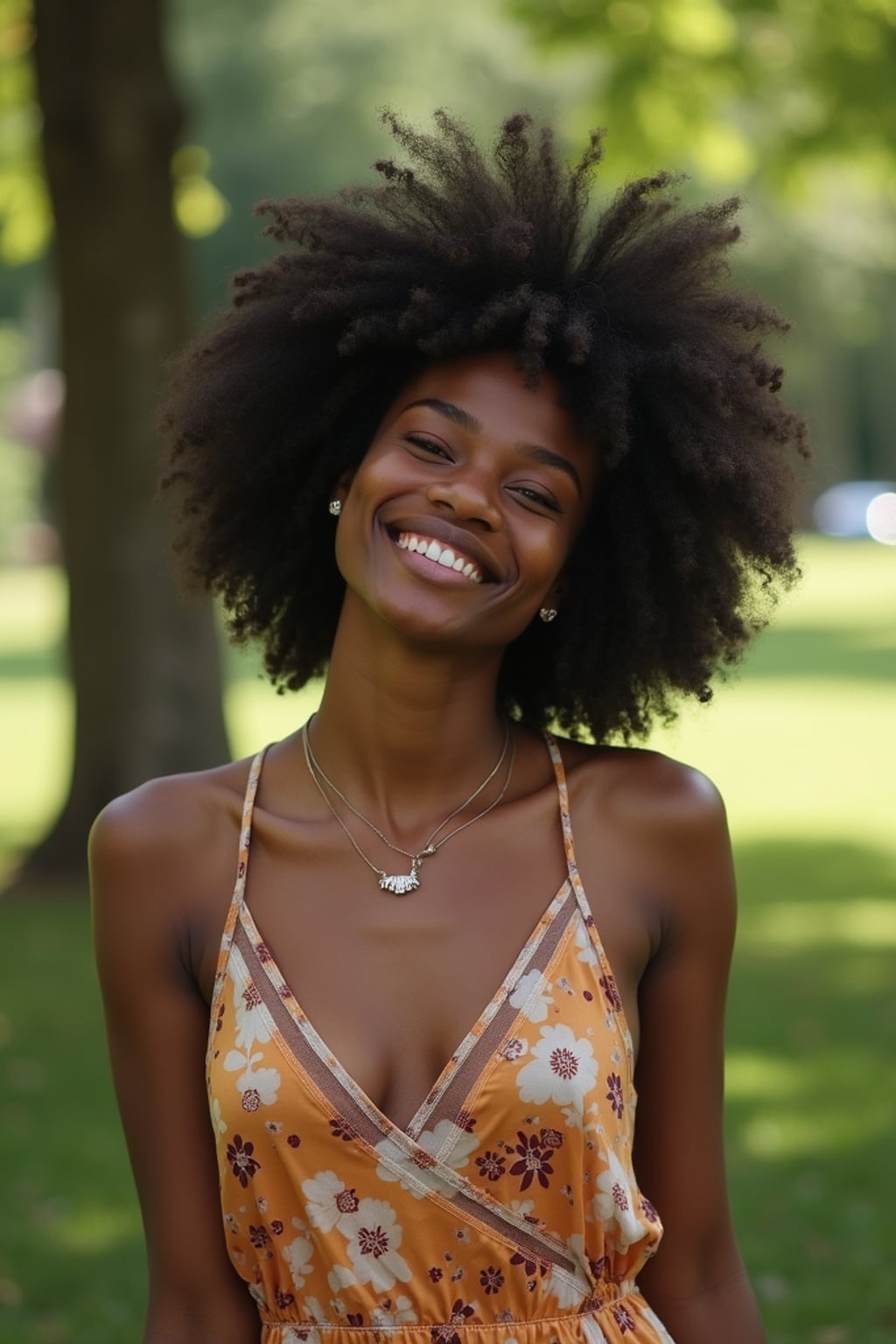 down-to-earth  feminine woman hanging out in a quiet park, enjoying nature