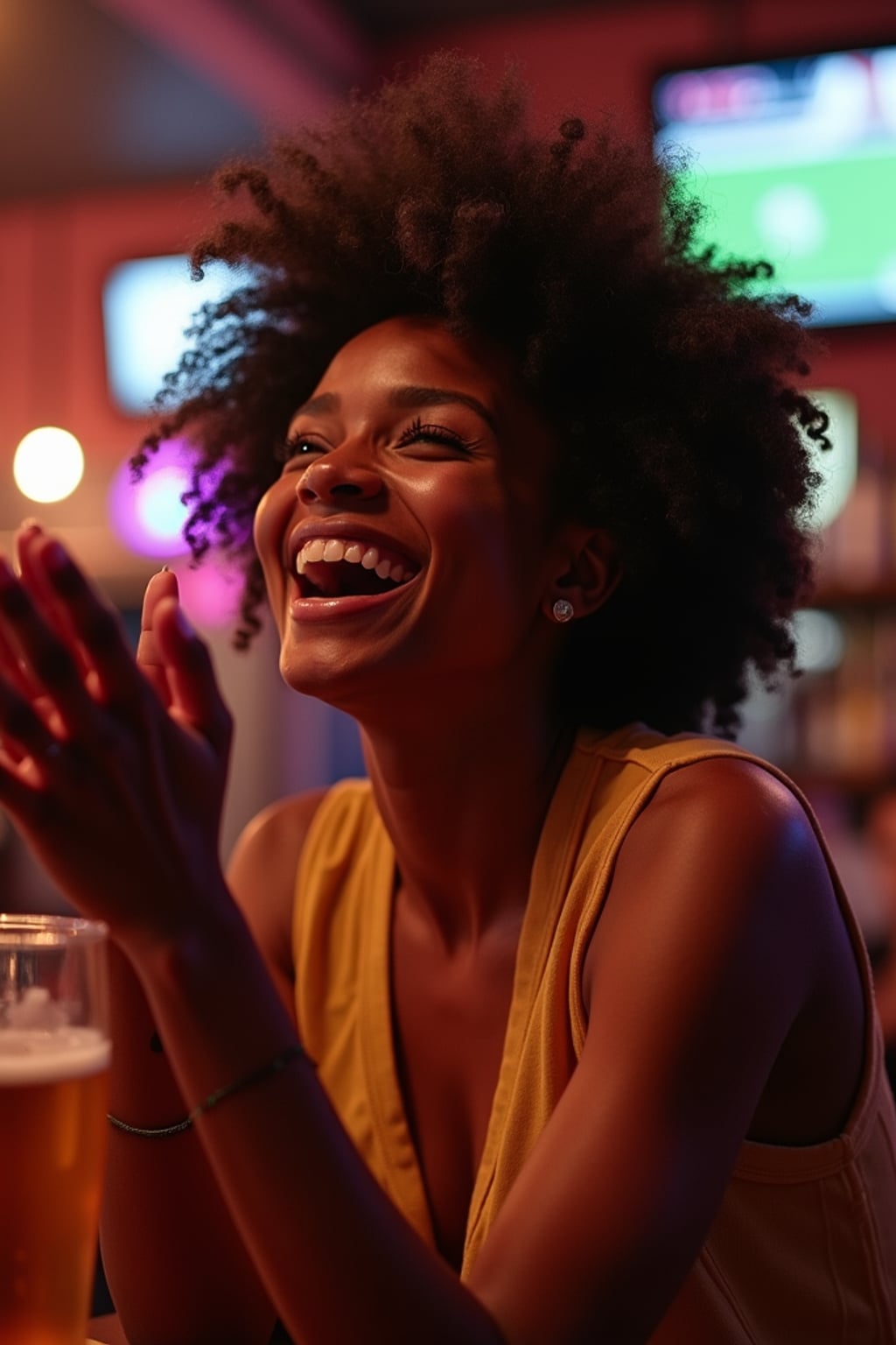 lively  feminine woman cheering on a sports game at a cozy bar