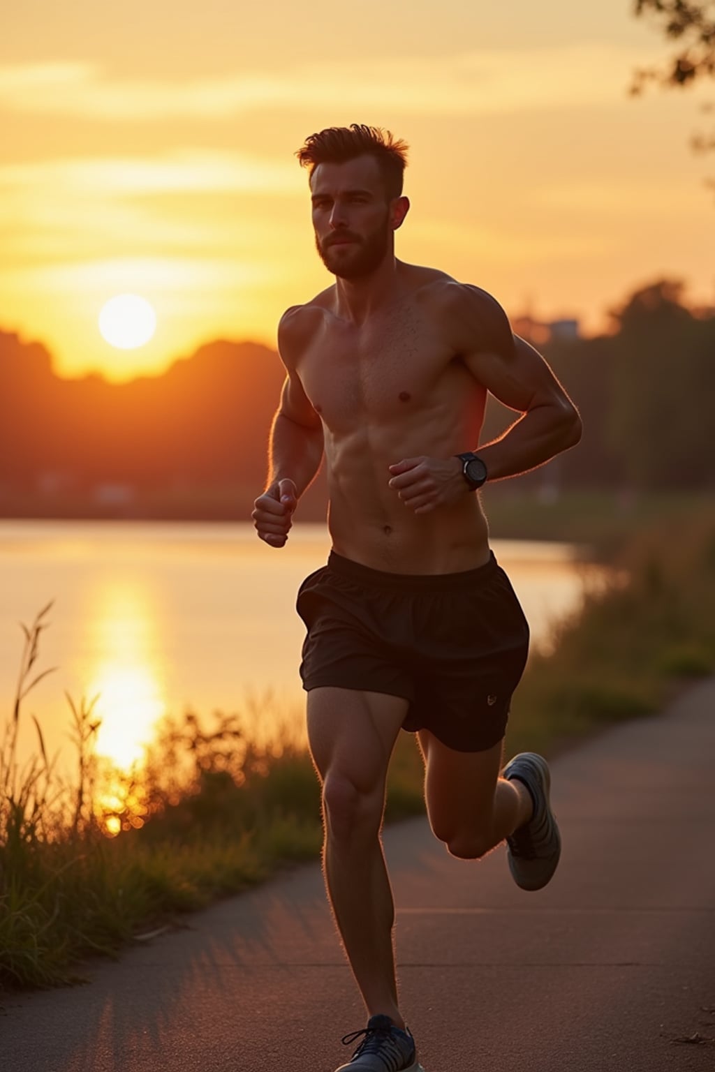 upbeat masculine  man jogging along a riverside path at sunrise
