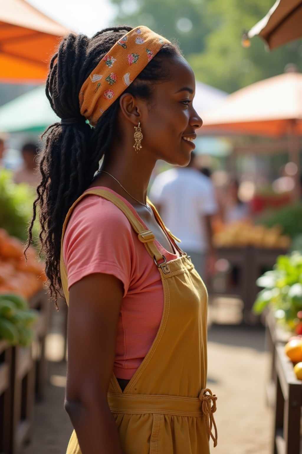 bright-spirited  feminine woman exploring a local farmers' market in daylight