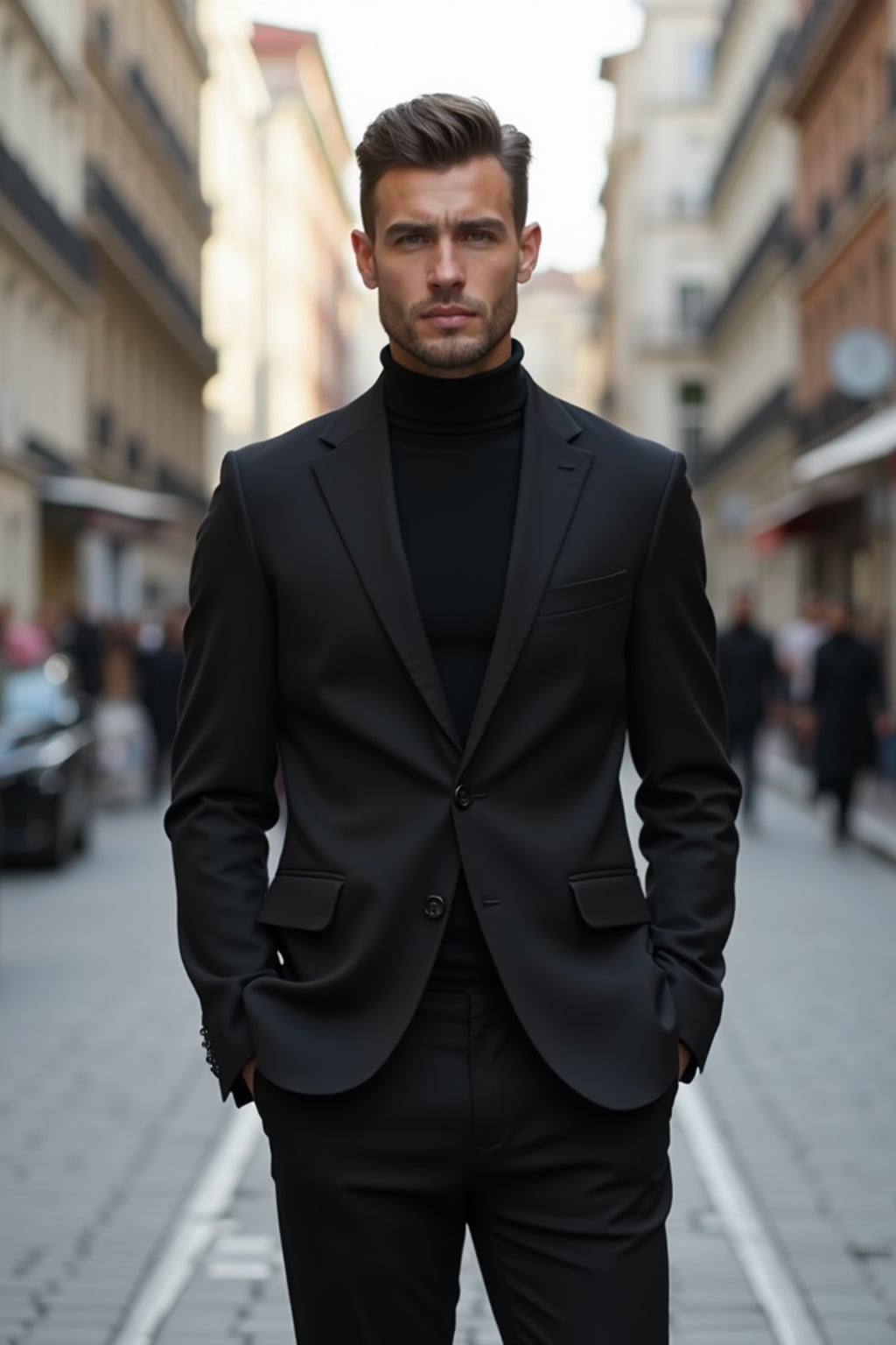 minimalist masculine  man in a sleek monochrome outfit on a city street