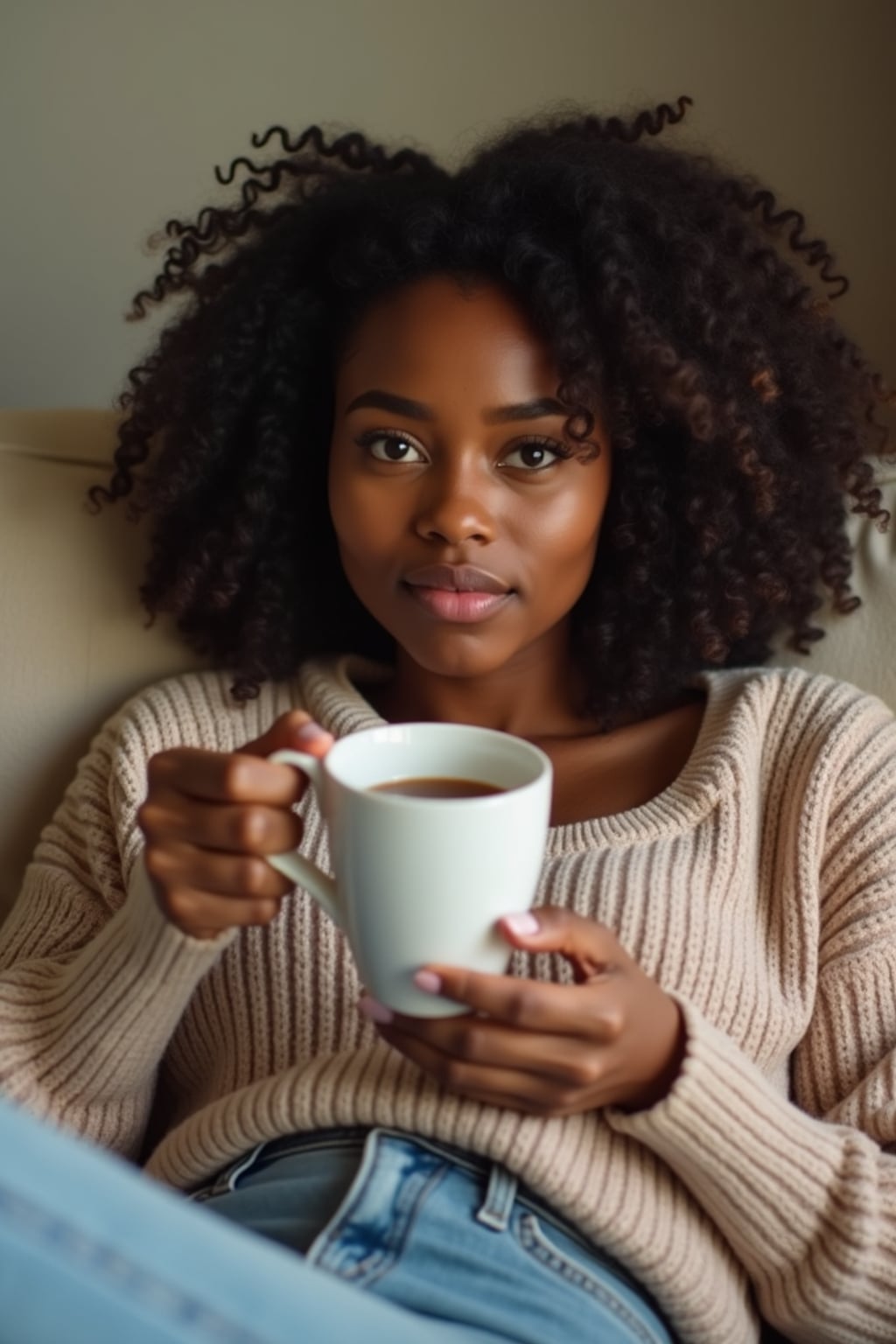 relatable  feminine woman lounging in casual clothes, sipping tea on a comfy couch