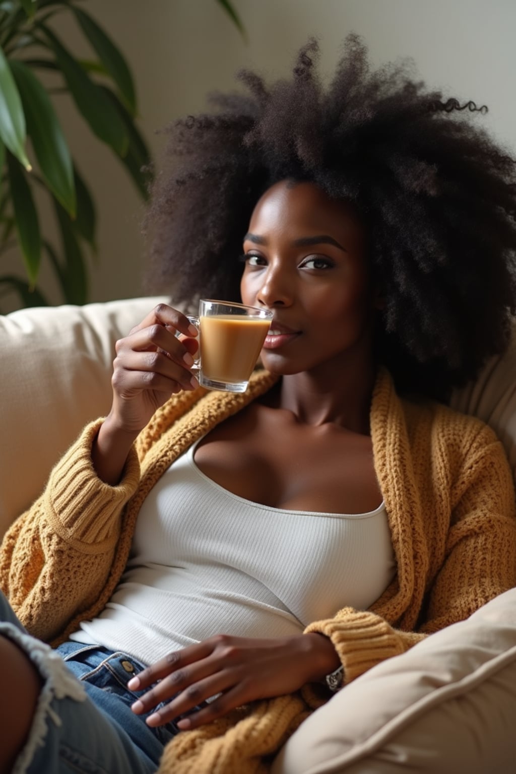 relatable  feminine woman lounging in casual clothes, sipping tea on a comfy couch