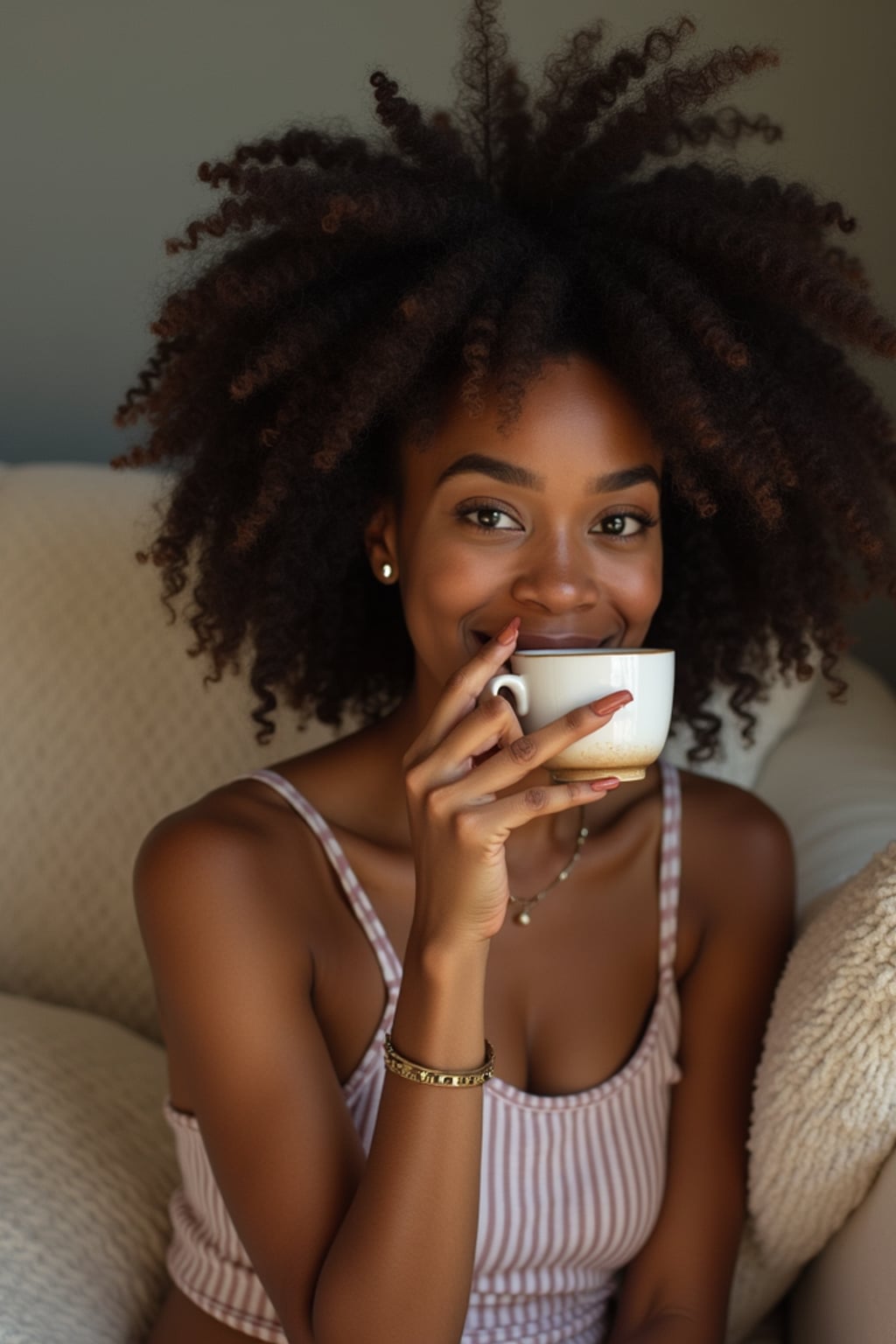 relatable  feminine woman lounging in casual clothes, sipping tea on a comfy couch