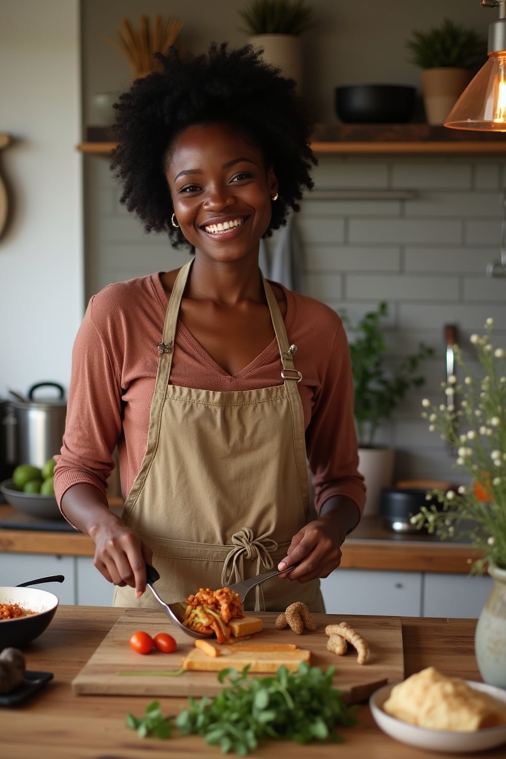 easygoing  feminine woman cooking a simple meal in a cozy kitchen setting