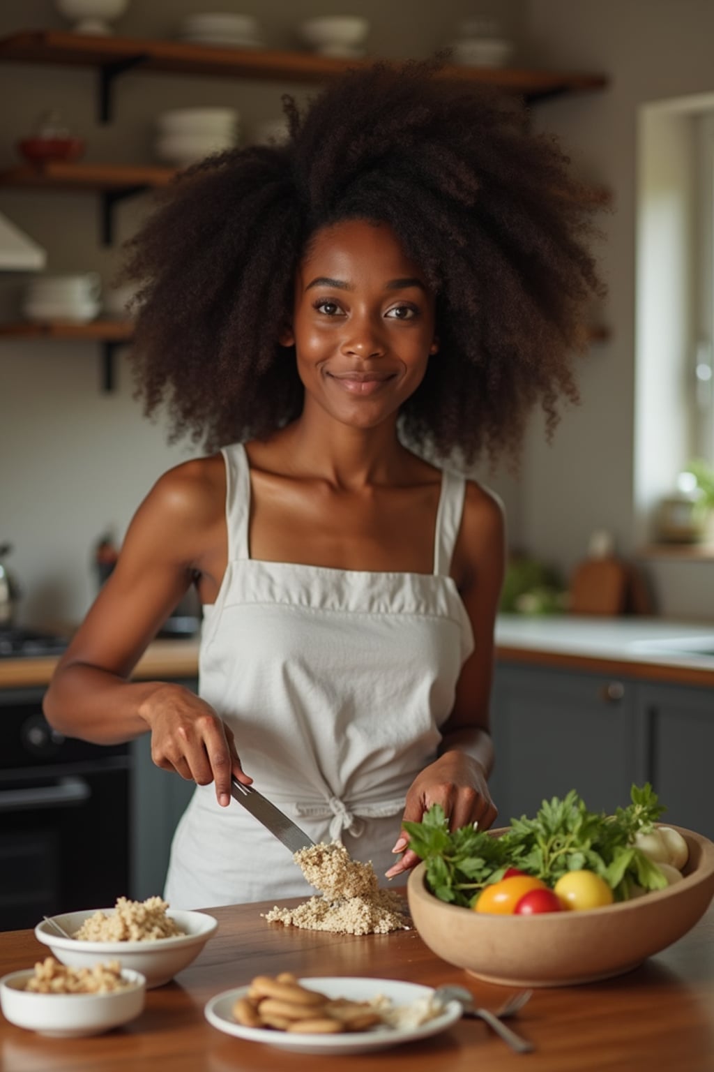 easygoing  feminine woman cooking a simple meal in a cozy kitchen setting